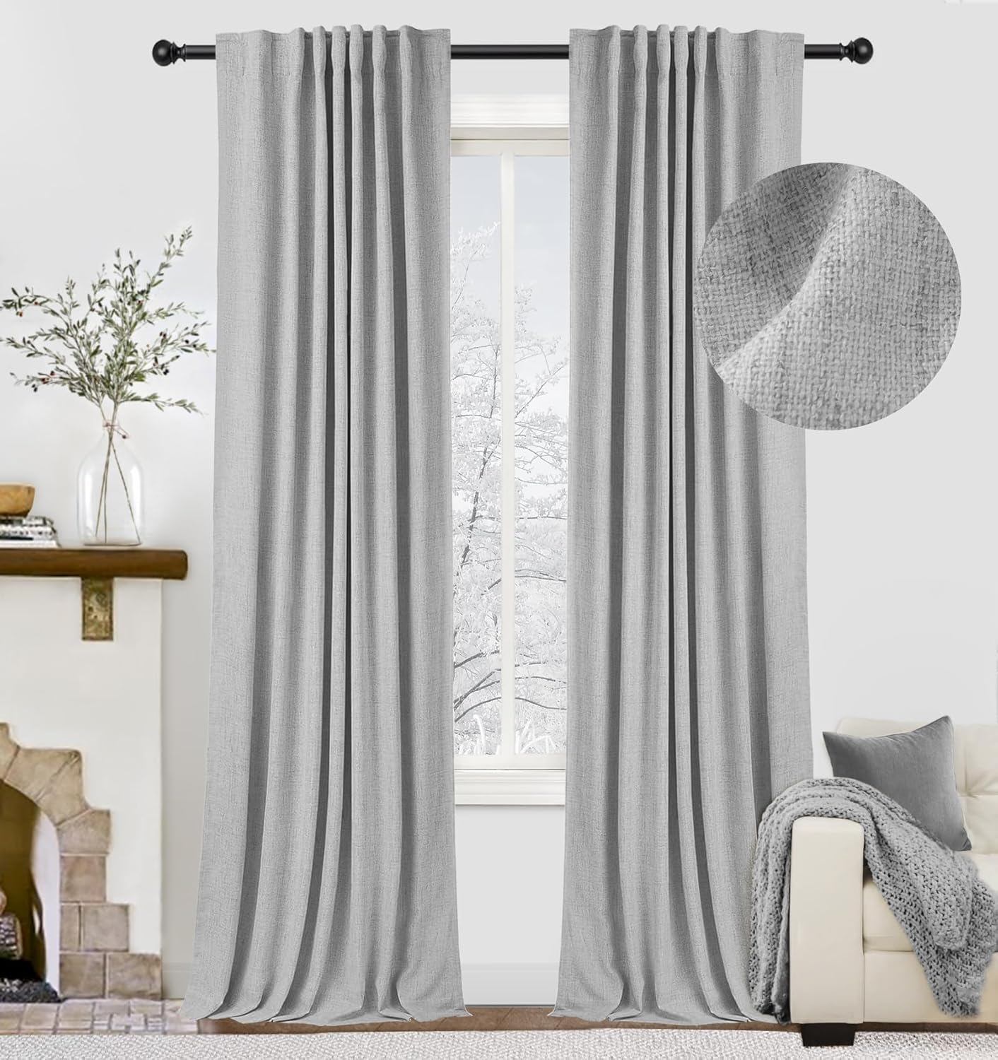 zeerobee – Cortinas blackout, 100% opacas, 2 paneles, lino, aislamiento térmico, pestañas traseras, bolsillo para cortinero, para sala de estar y