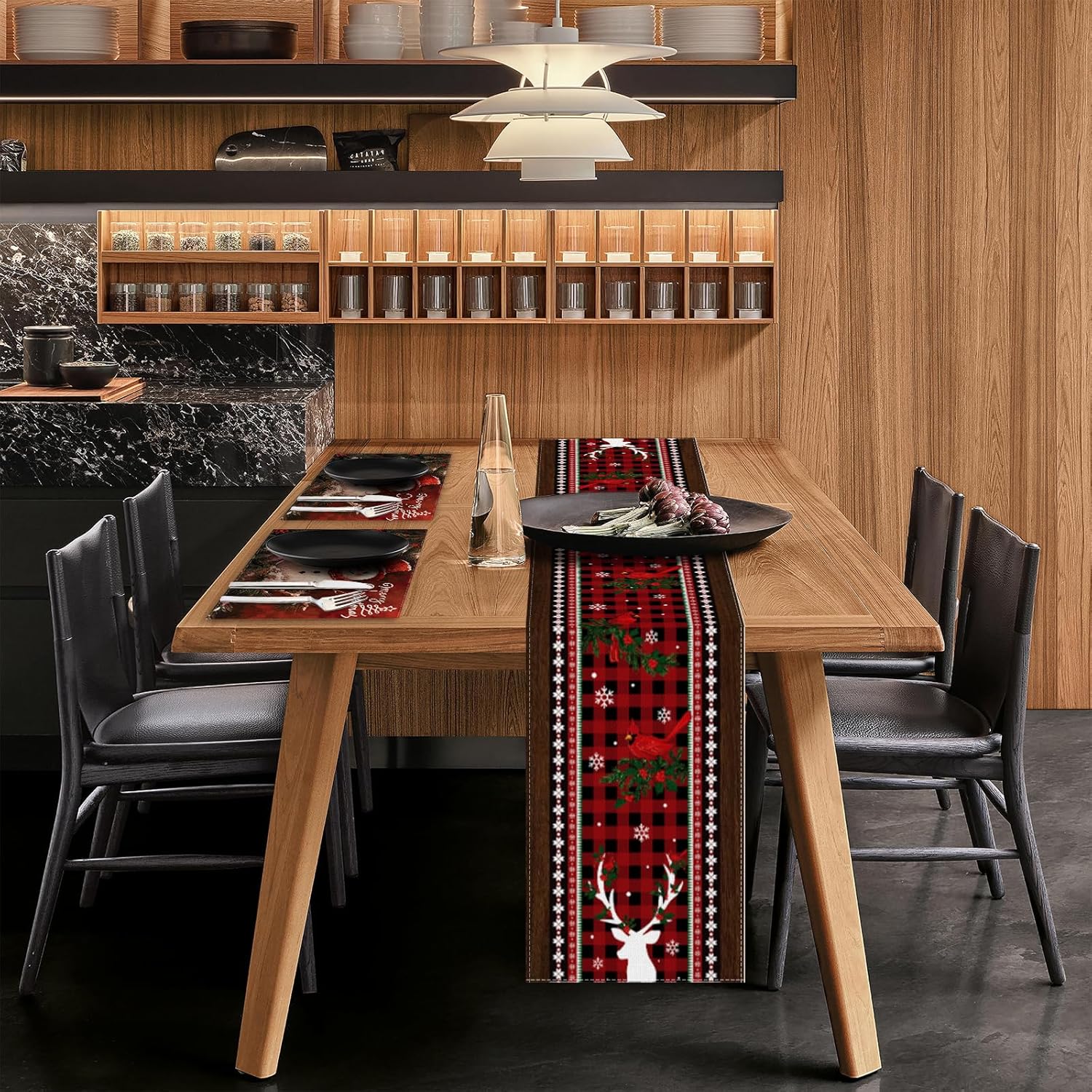 Camino de mesa de Navidad, cuadros y alces rojos y negros, decoración de mesa de Navidad, decoraciones de Navidad de invierno, decoración de mesa de
