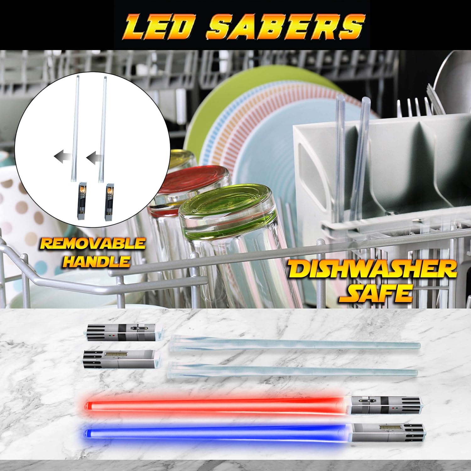 LIGHTSABER CHOPSTICKS LIGHT UP STAR WARS LED Glowing Light Saber Chop Sticks REUSABLE Sushi Lightup Sabers -Removable Handle Dishwasher Safe