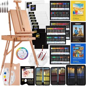 MERRIY Kit de pintura artística de 155 piezas con caballete francés, pinturas acrílicas de 48 colores, pinturas al óleo de 24 colores, pinturas de MERRIY Kit de pintura artística de 155 piezas con caballete francés, pinturas acrílicas de 48 colores, pinturas al óleo de 24 colores, pinturas de