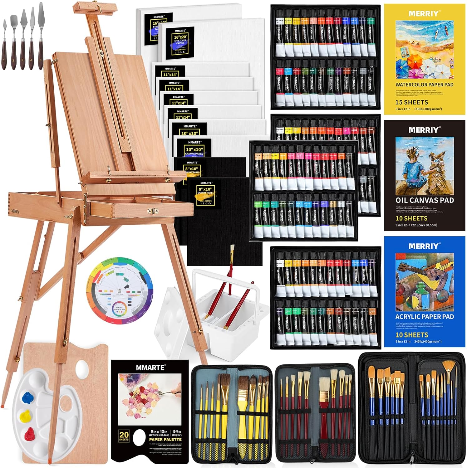 MERRIY Kit de pintura artística de 155 piezas con caballete francés, pinturas acrílicas de 48 colores, pinturas al óleo de 24 colores, pinturas de