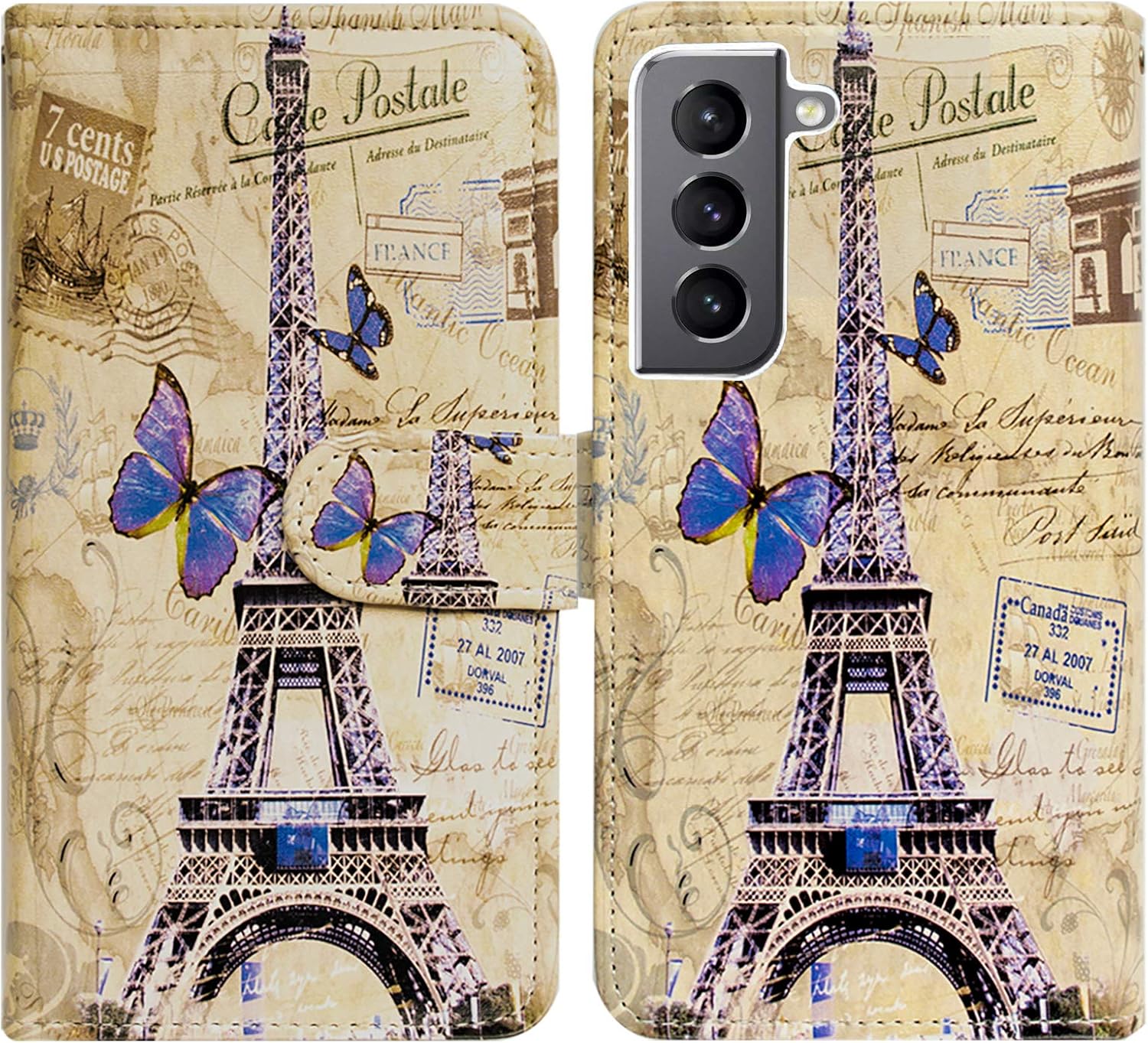 Bcov Funda tipo cartera para Samsung Galaxy S22, Postal de la Torre Eiffel, funda de cuero multifunción para teléfono con múltiples ranuras para