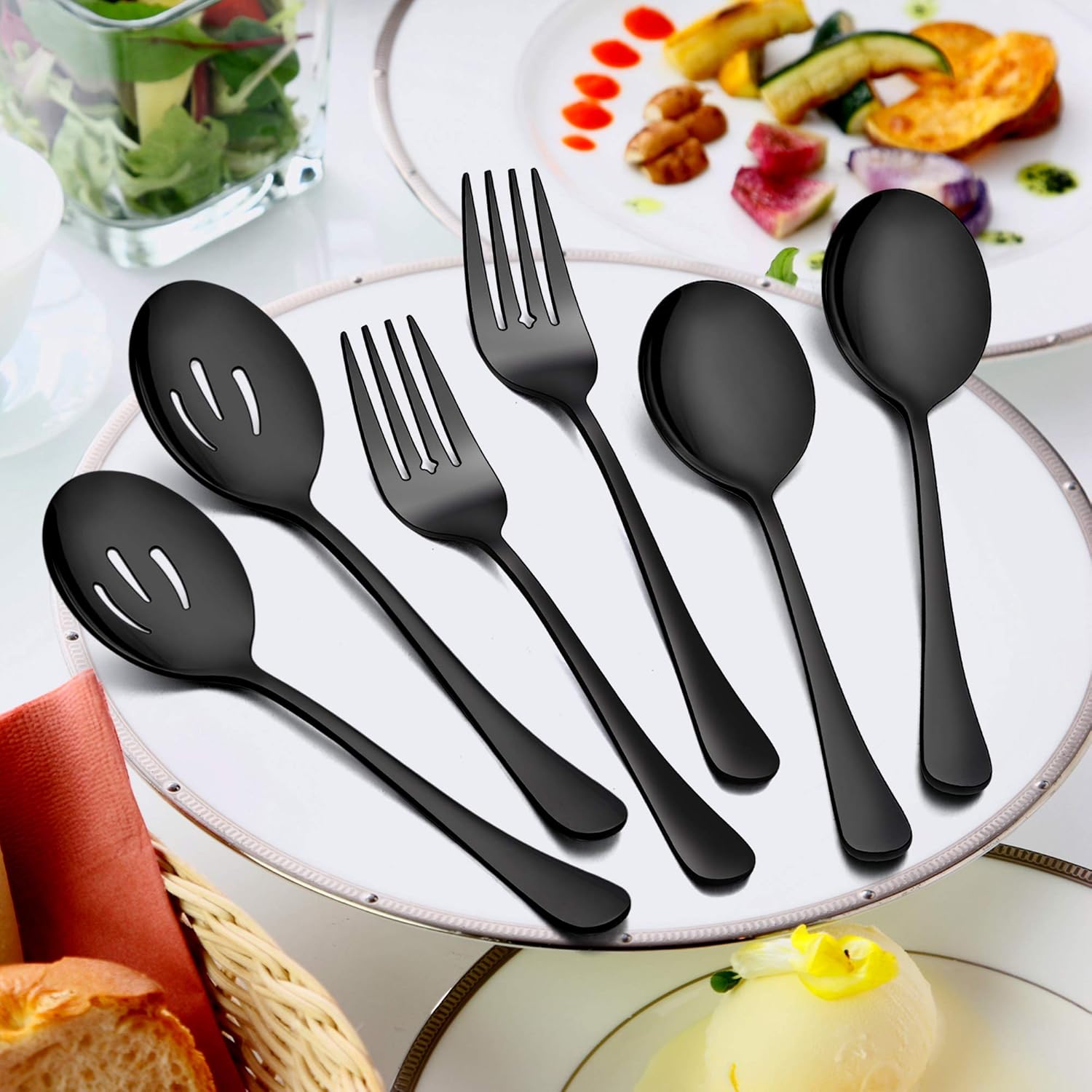 LIANYU Juego de cubiertos negros de 46 piezas para 8, cubiertos de acero inoxidable con utensilios de servir, cubiertos elegantes que incluye