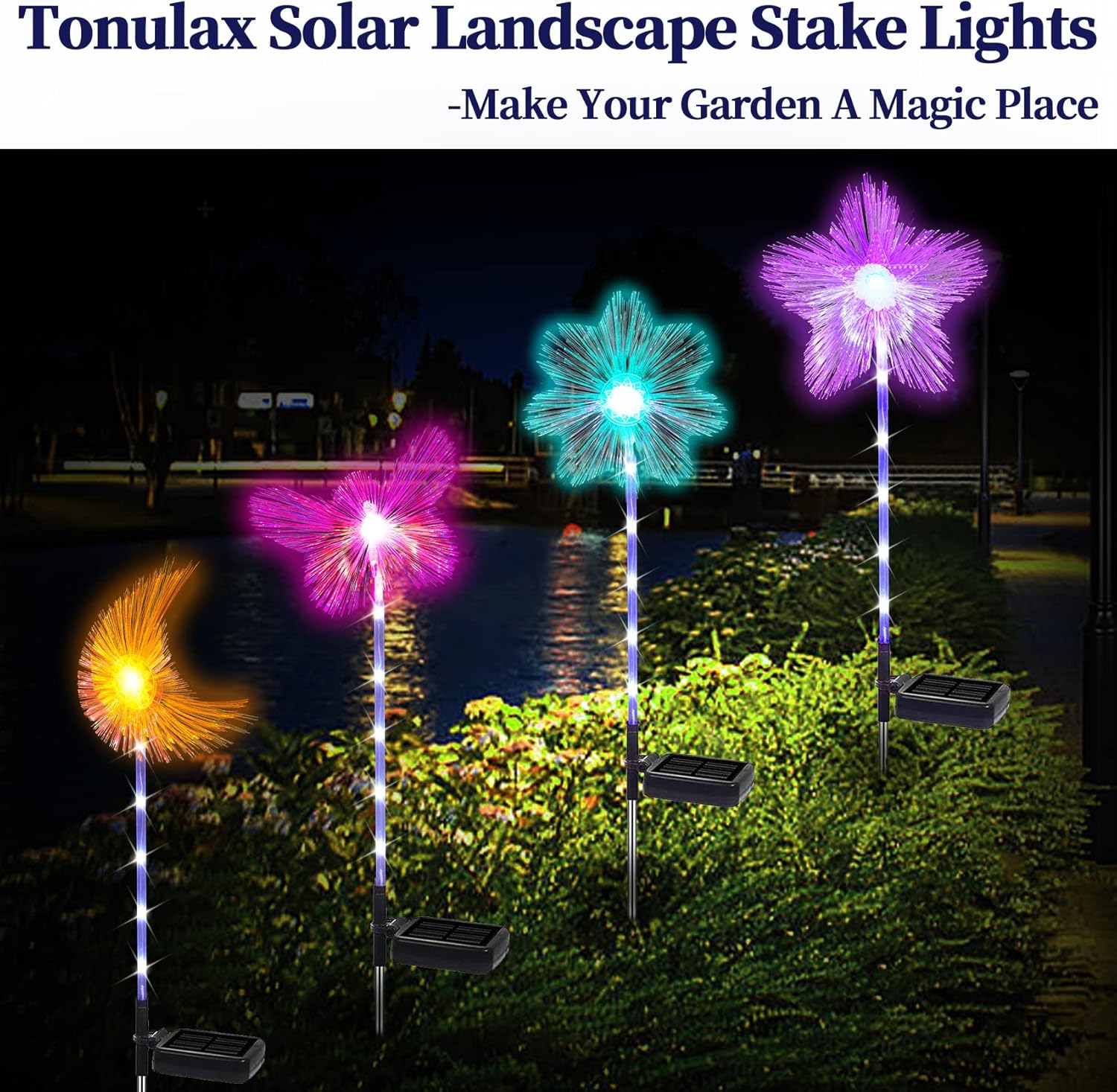 TONULAX Luces solares de estaca de jardín, luces RGB de microfibra que cambian de color, luces solares para caminos, luces solares para exteriores,