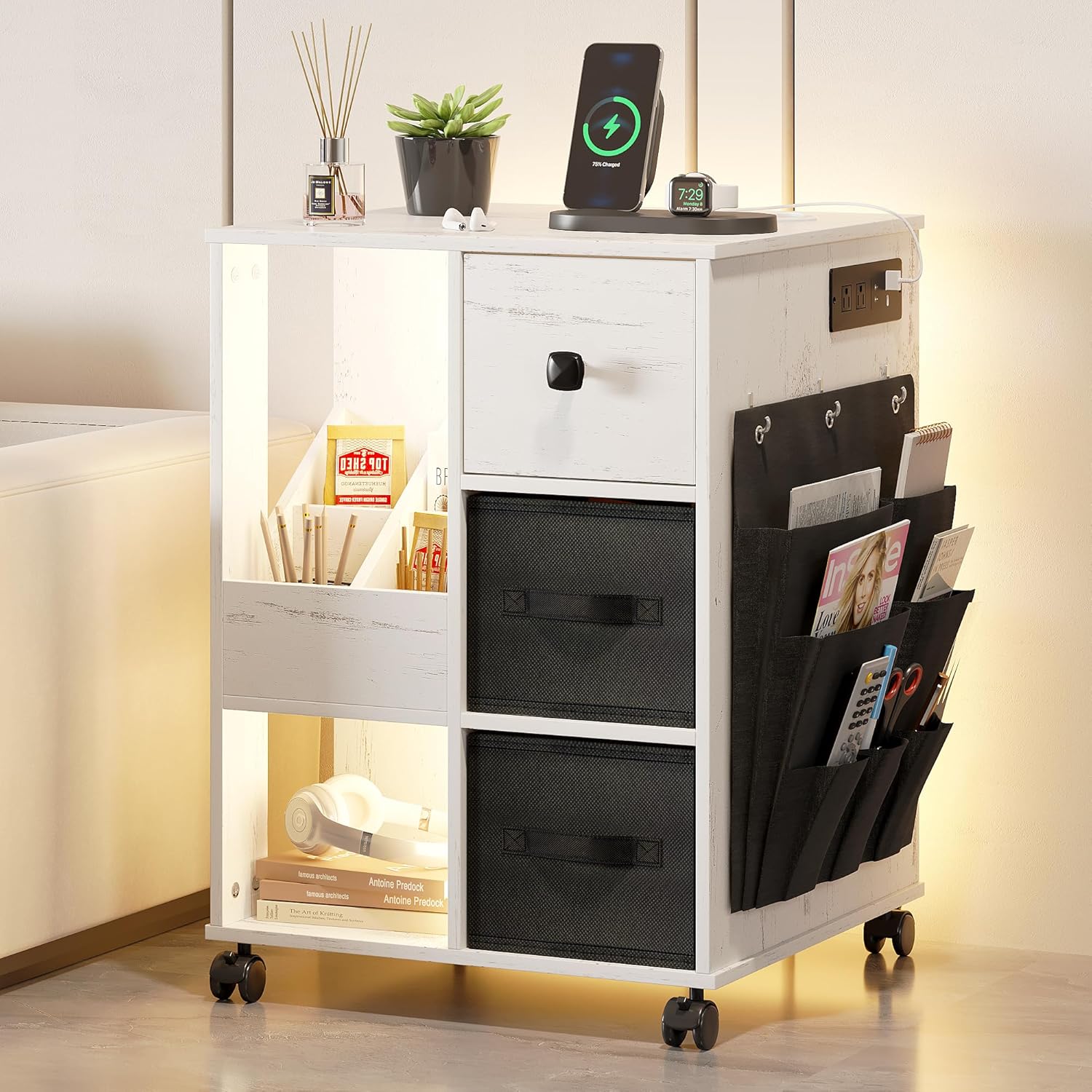dnbss Mesita de noche con estación de carga, mesa auxiliar LED con cajones, mesita de noche inteligente con puertos USB, moderna mesita de noche con