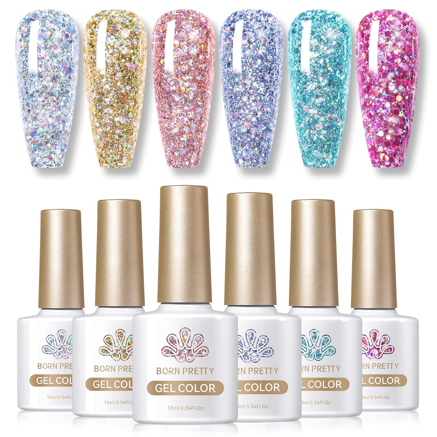 Born Pretty Juego de esmaltes de uñas de gel con purpurina, kit de esmalte de gel con purpurina brillante, dorado, plateado, rosa, caja de regalo de