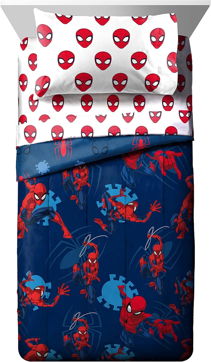 Jay Franco, Marvel Spiderman Spidey Daze – Juego para habitación 6 piezas juego de cama tamaño twin y cortinas de microfibra supersuave resistente a