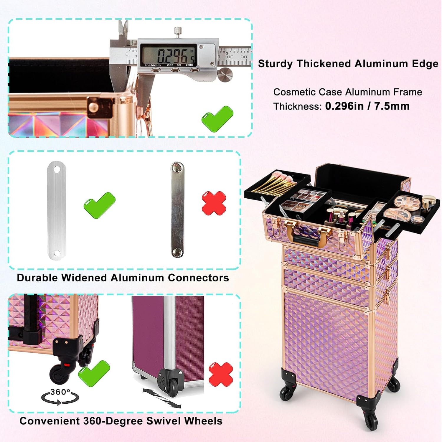 Maletín de tren de maquillaje rodante, carrito de cosméticos de gran capacidad, 4 en 1, estuche de viaje de maquillaje con ruedas giratorias para