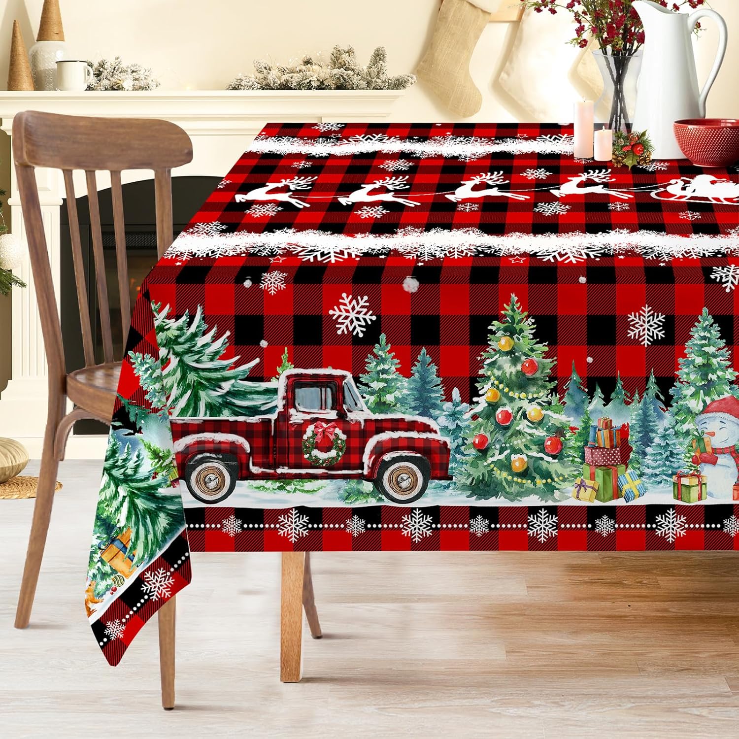 Mantel de Navidad de 52 x 70 pulgadas, mantel rojo navideño para mesas rectangulares, decoración navideña de camión rojo para el hogar, decoración