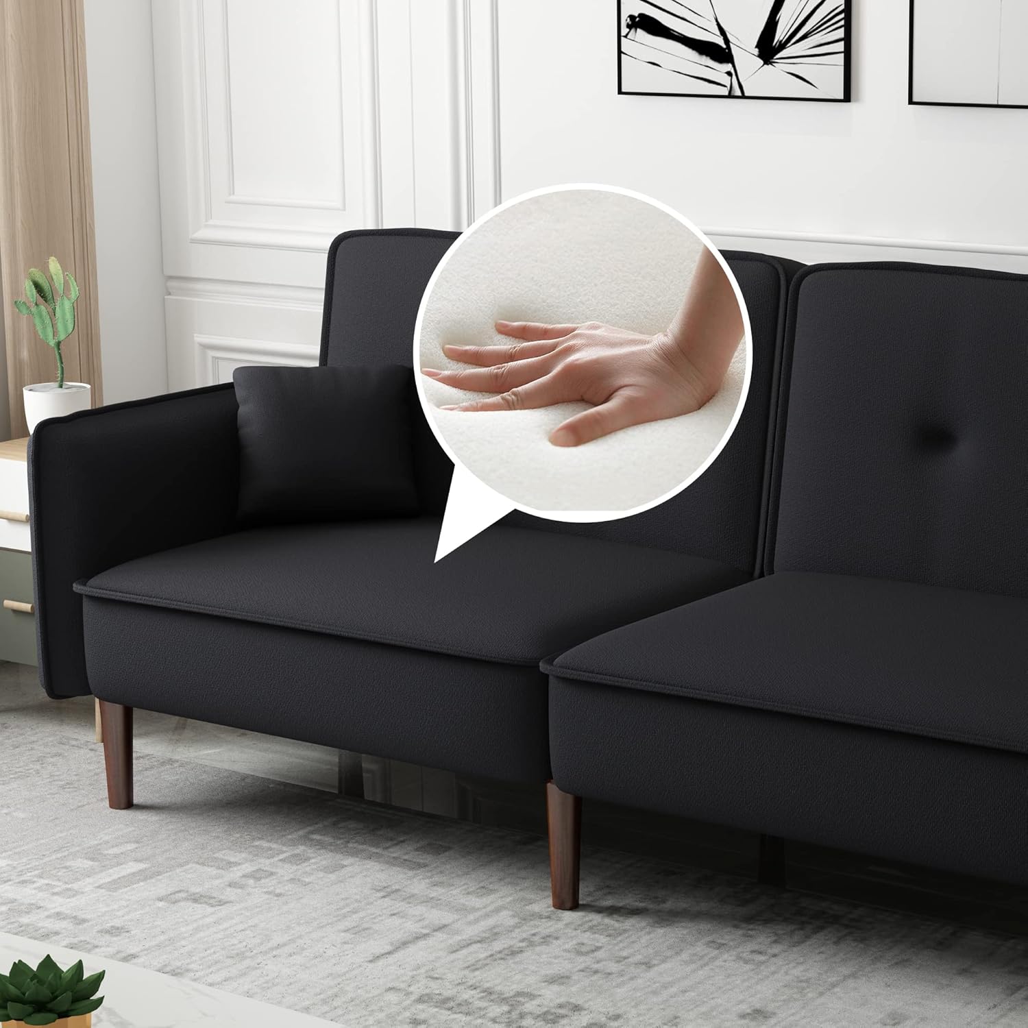 Sofá biplaza tipo futón, sofá cama convertible con bolsa para revistas, patas de madera maciza en tela negra para sala de estar, dormitorio,