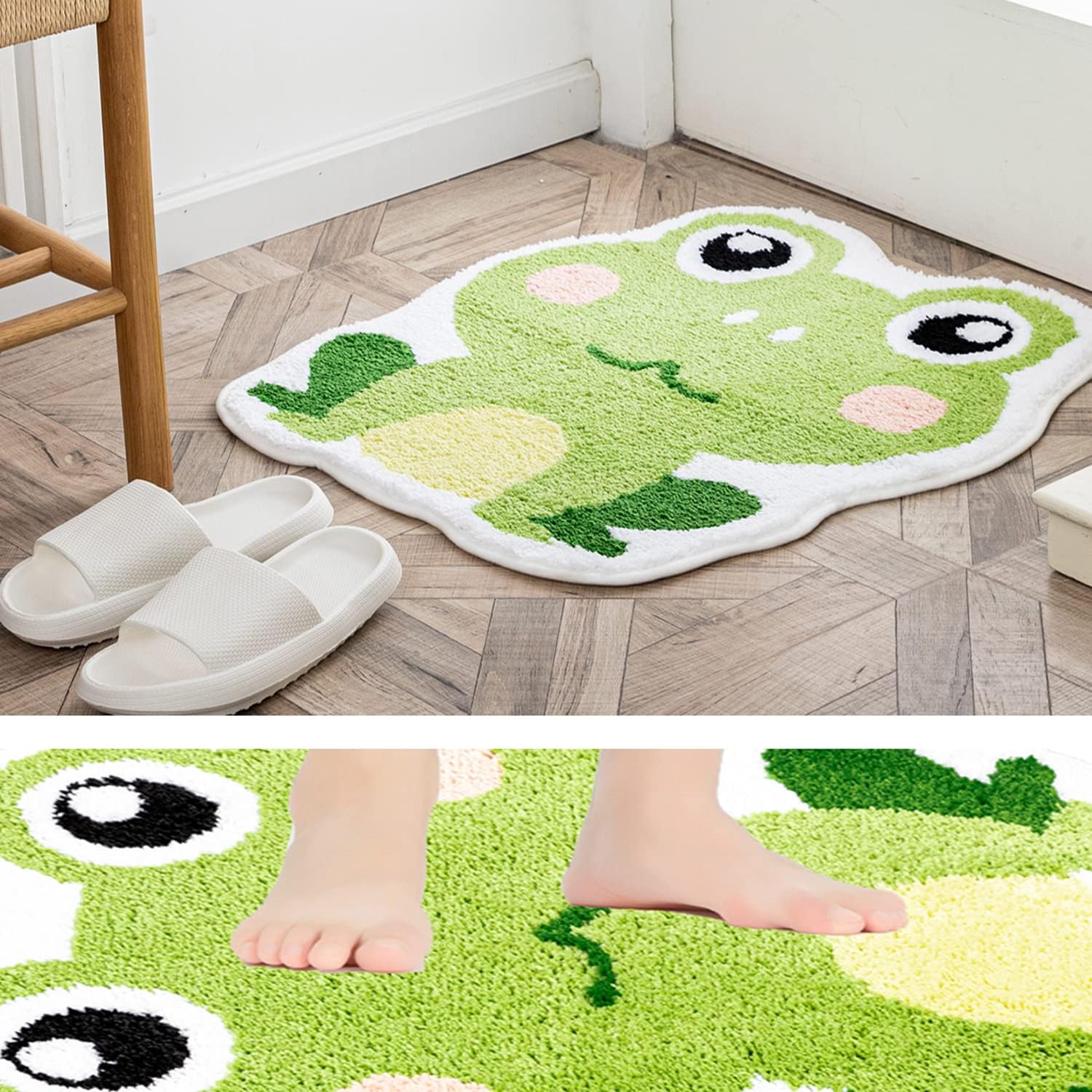Bonita alfombra de baño de rana para baño, alfombra de baño verde, antideslizante, tapete de puerta de animal de rana, tapete de baño divertido