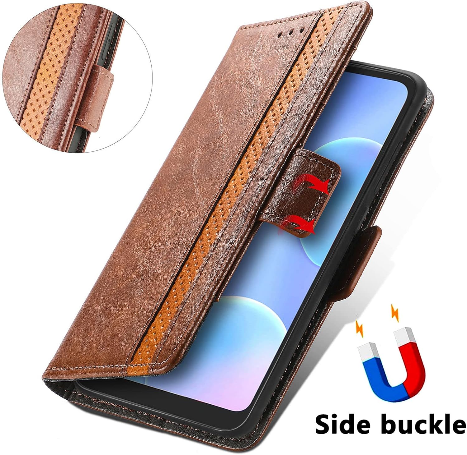 Funda para Honor X7 Cover, Case for Honor Play 30+ Plus Funda de piel sintética con ranuras para tarjetas Funda con soporte abatible Marrón