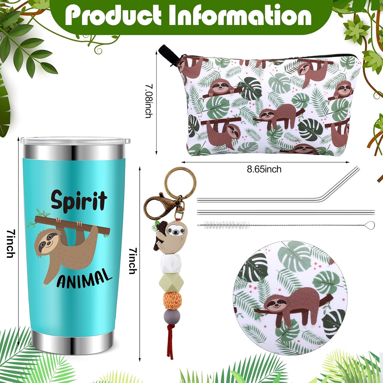 Abbylike 3 piezas de regalo de perezoso bolsa de maquillaje de perezoso de 20 onzas, taza de viaje de acero inoxidable con 1 tapa y 2 pajitas, vaso