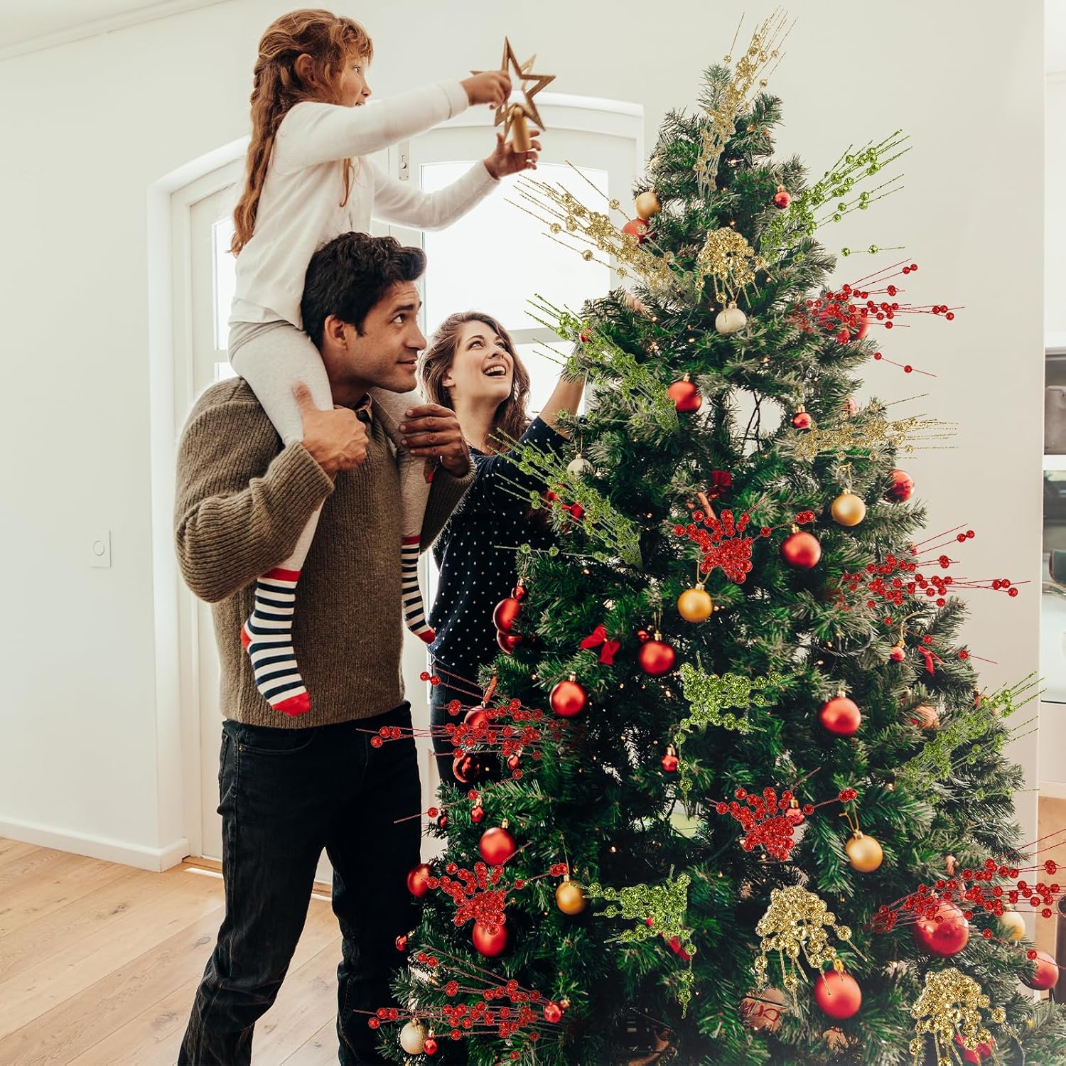 36 paquetes de adornos de tallo de bayas de Navidad de 16.9 pulgadas, tallos de Navidad artificiales decorativos con purpurina para jarrón de árbol