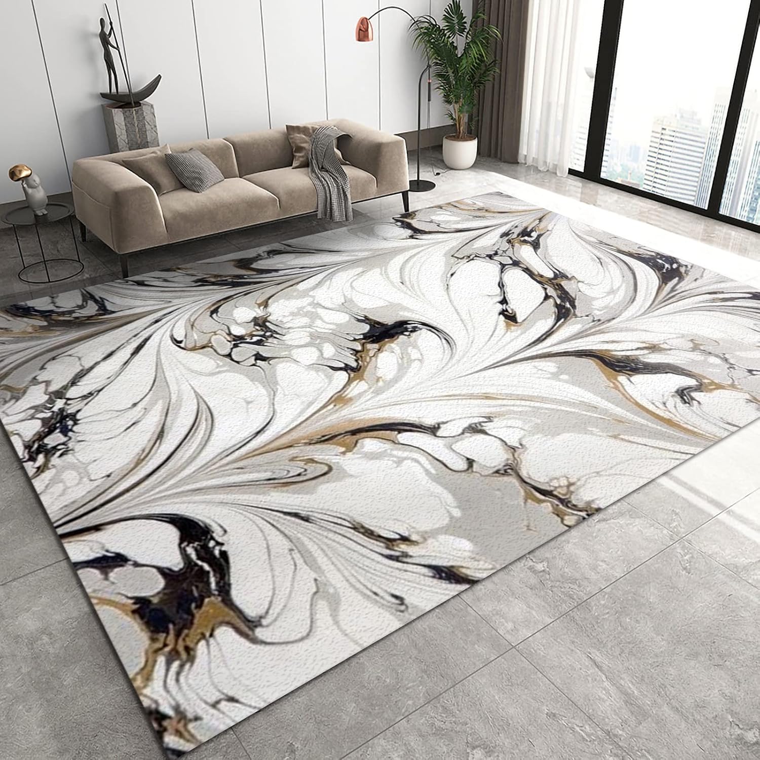 Alfombra abstracta retro, alfombra de dormitorio con diseño de swoosh de agua gris, alfombra decorativa para interiores, antideslizante, cómoda y