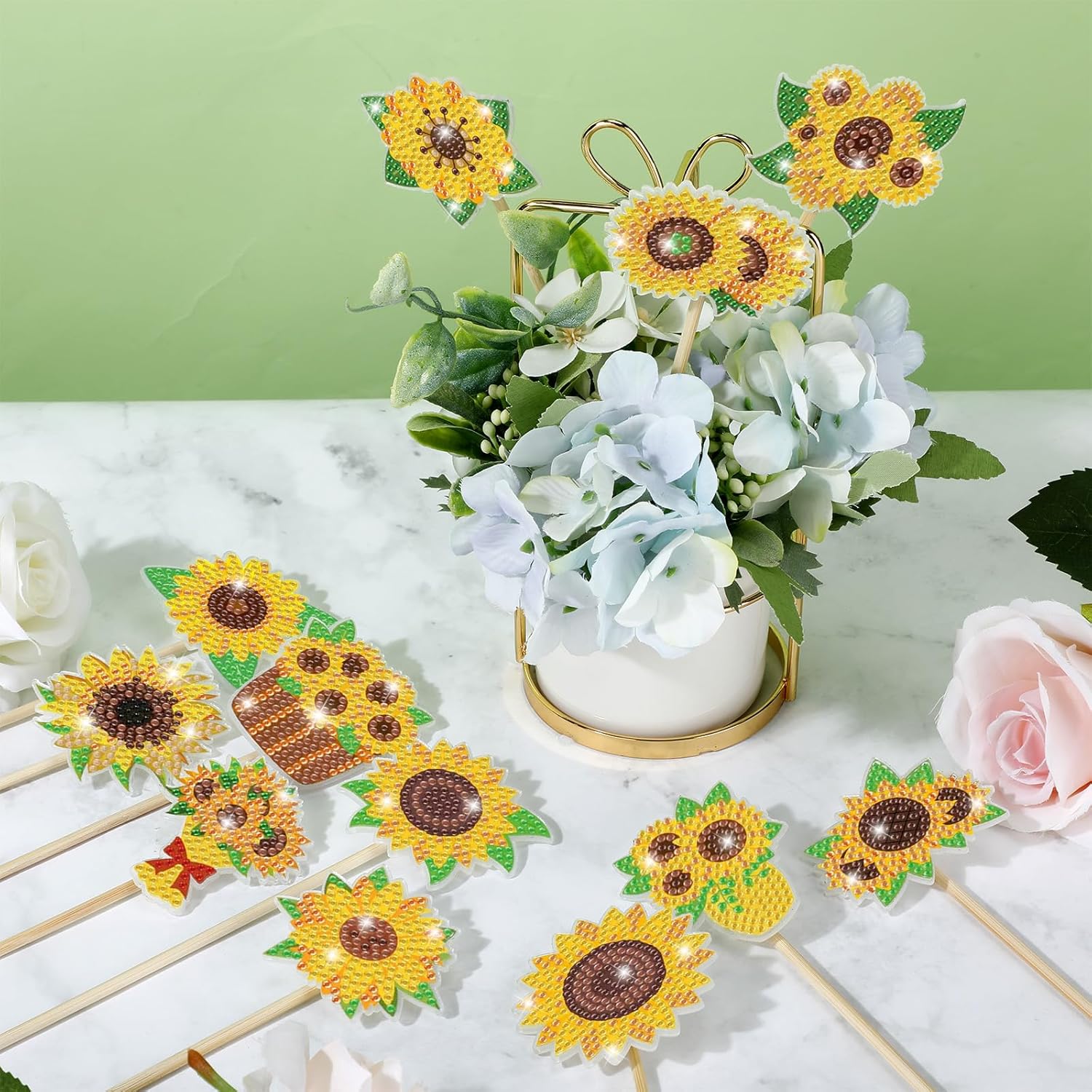 Huwena 12 piezas de pintura de diamante de girasol para decoración de jardín, estacas de pintura de diamante, flores, estacas de jardín, estacas de