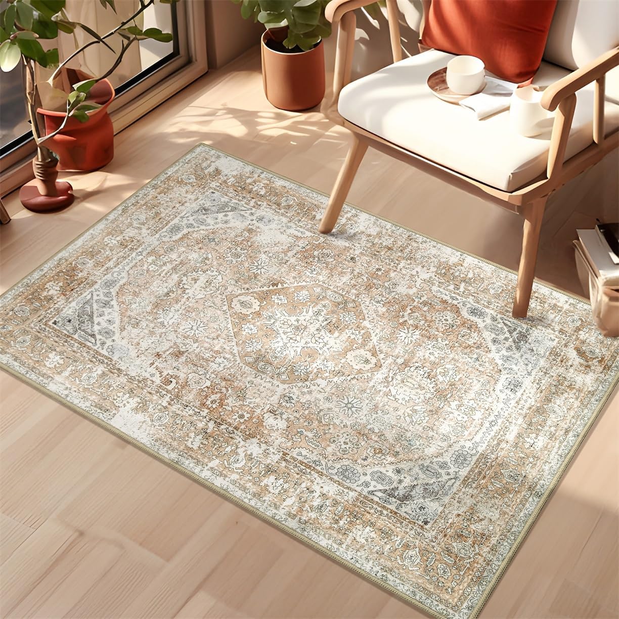 MUJOO Alfombra pequeña de estilo bohemio, lavable, color beige, para dormitorio, entrada, antideslizante, para baño, guardería, puerta, ducha,