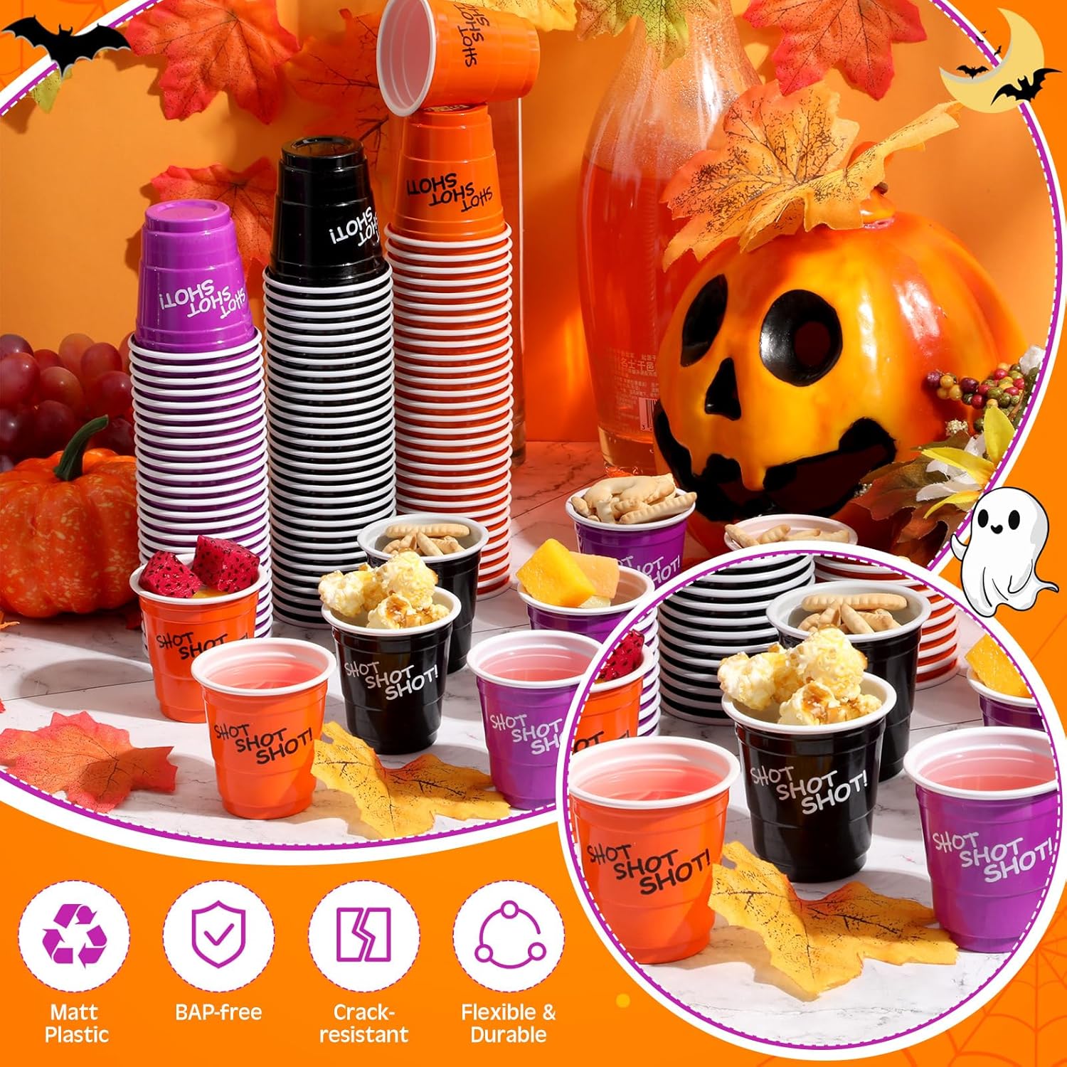 Lounsweer 100 vasos de plástico para Halloween, vasos desechables de 2 onzas, mini vasos de fiesta de 2 onzas para despedida de soltera, cumpleaños,