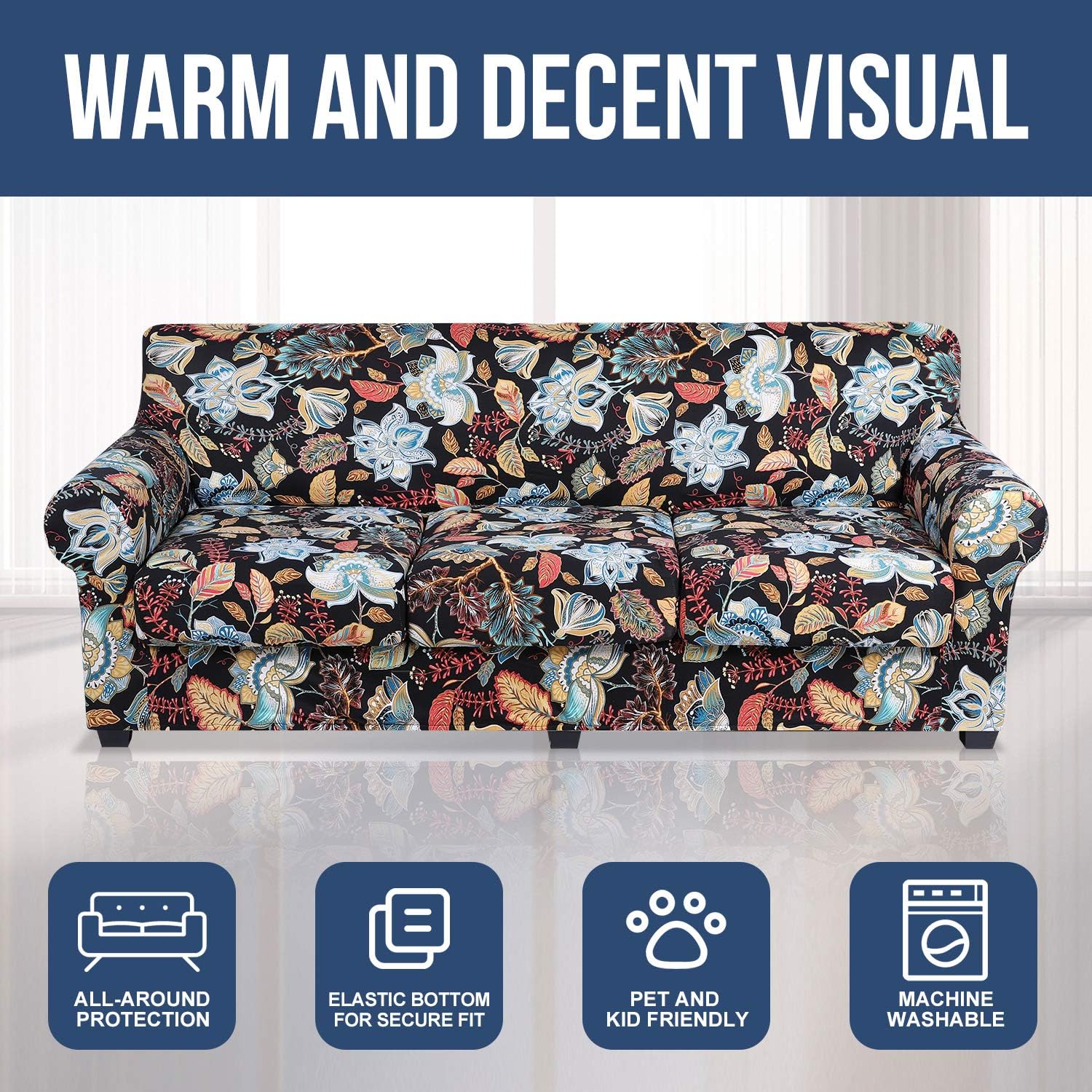 hyha Funda para sofá, diseño floral, elástica, estampada, 4 piezas, fundas para sofá de 3 cojines separados, protector de muebles lavable para