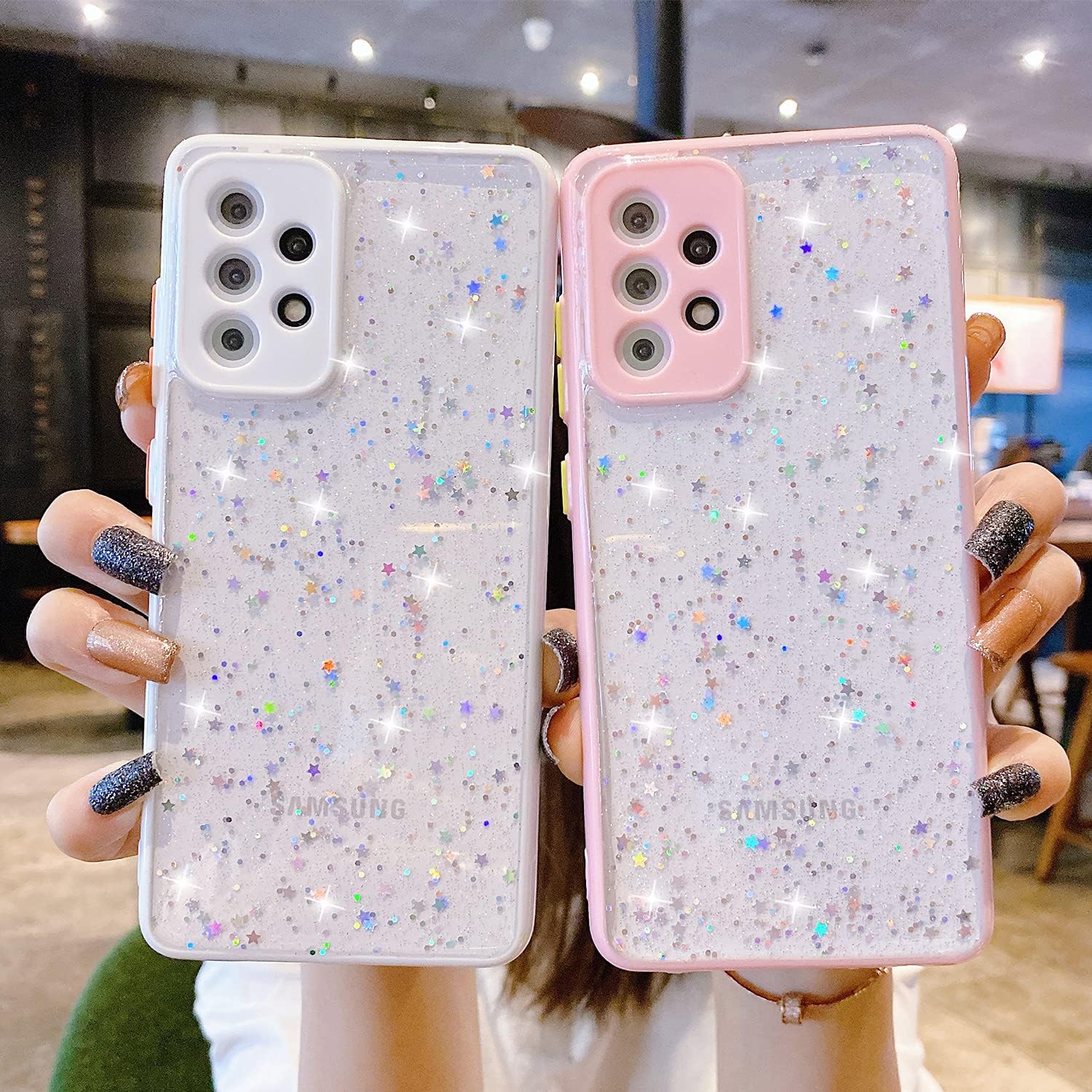 Funda compatible con Samsung Galaxy S22 para mujeres y niñas, suave y delgada, protectora completa, bonita funda transparente brillante con estrella