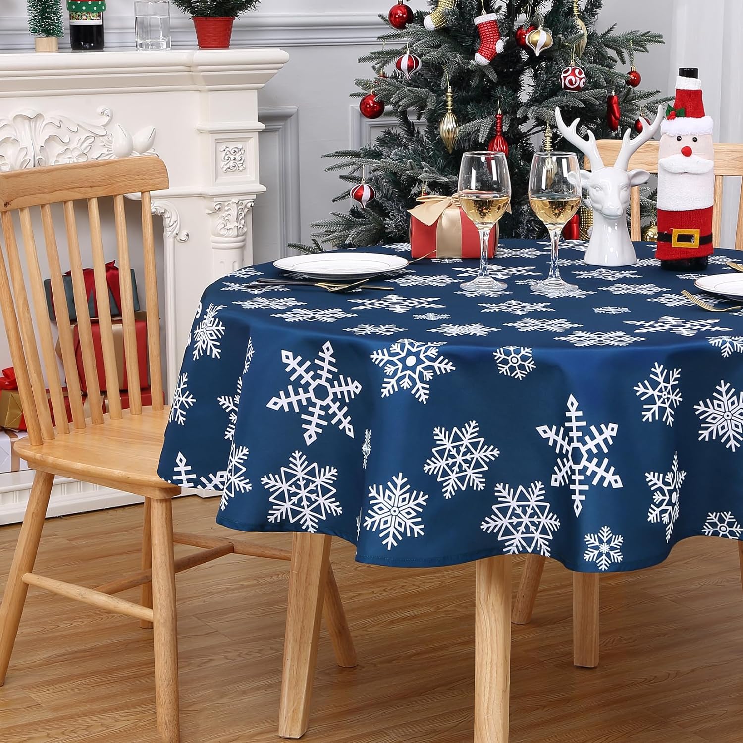 CAROMIO Mantel de Navidad de 60 pulgadas, mantel redondo para exteriores, decoración de Navidad, decoración de mesa de comedor, copo de nieve azul