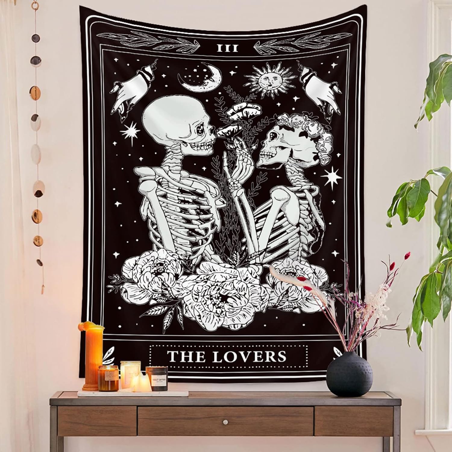 Naykow Tapices de calavera con diseño de esqueleto gótico en blanco y negro, diseño de bruja, para colgar en la pared, decoración para dormitorio,