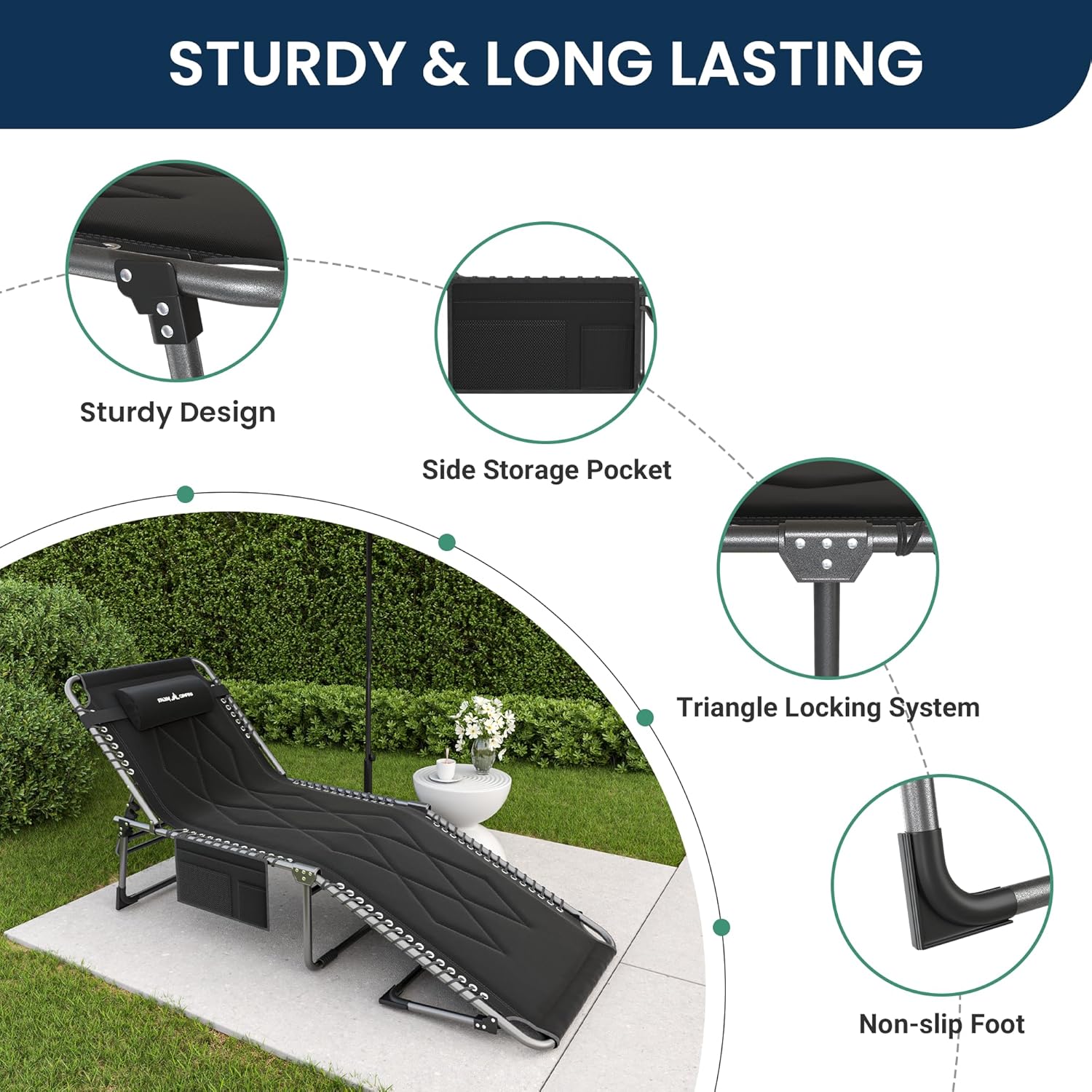 Catre de camping plegable acolchado para adultos con colchón de doble capa, ultra cómodo, tumbona portátil de 5 posiciones para exteriores e