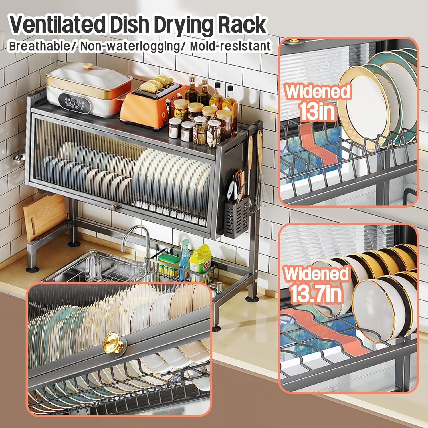 Escurridor de platos sobre el fregadero con tapa, mantiene el fregadero de cocina organizado y ahorra espacio para platos, vasos, cuencos y