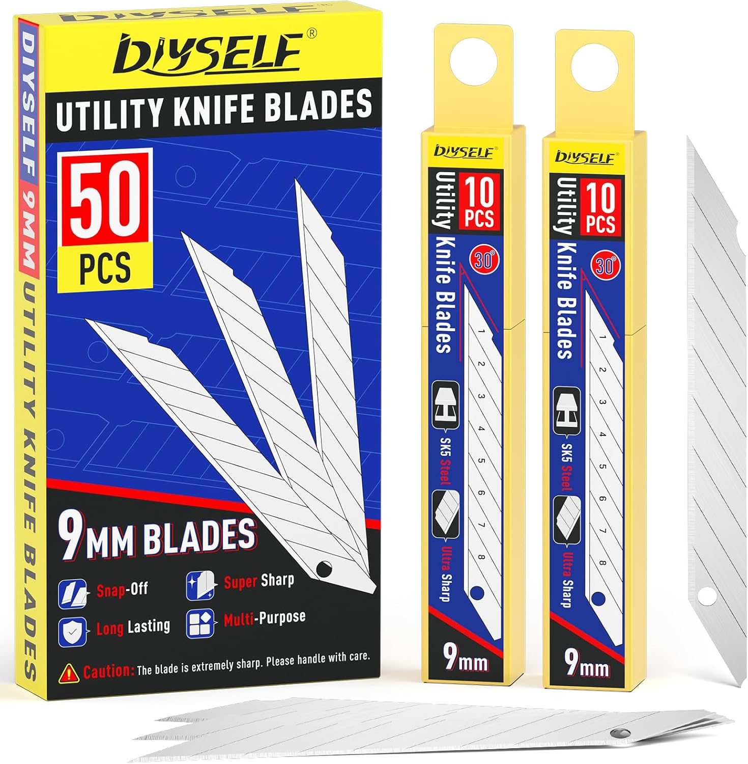 DIYSELF Cuchillas de cuchillo utilitario, paquete de 50 cuchillas de corte de caja, cuchillas de cortador de caja para cuchillo utilitario de hoja a