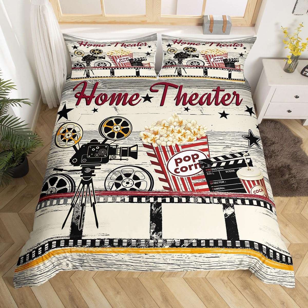 Juego de ropa de cama estilo cine vintage tamaño matrimonial para niños y niñas, decoración de cine en casa, funda de edredón con temática de
