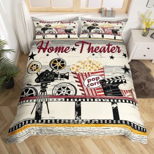 Juego de ropa de cama estilo cine vintage tamaño matrimonial para niños y niñas, decoración de cine en casa, funda de edredón con temática de Juego de ropa de cama estilo cine vintage tamaño matrimonial para niños y niñas, decoración de cine en casa, funda de edredón con temática de