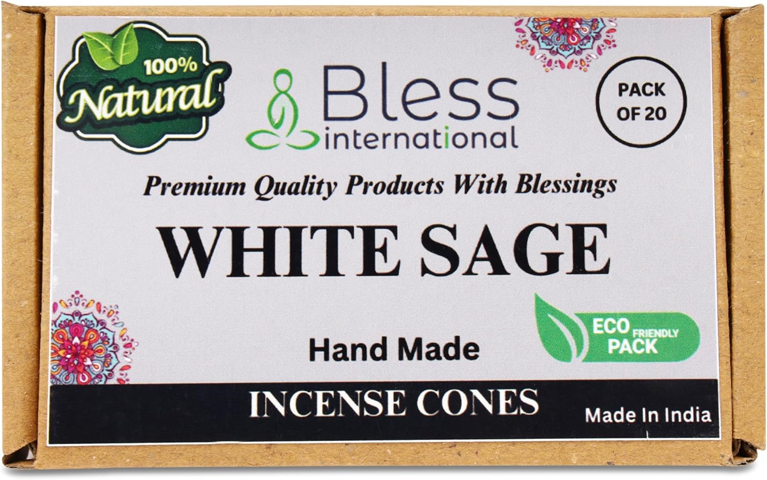 Bless-International White Sage 100% – Conos de incienso naturales hechos a mano, sumergidos a mano, orgánicos, sin productos químicos para