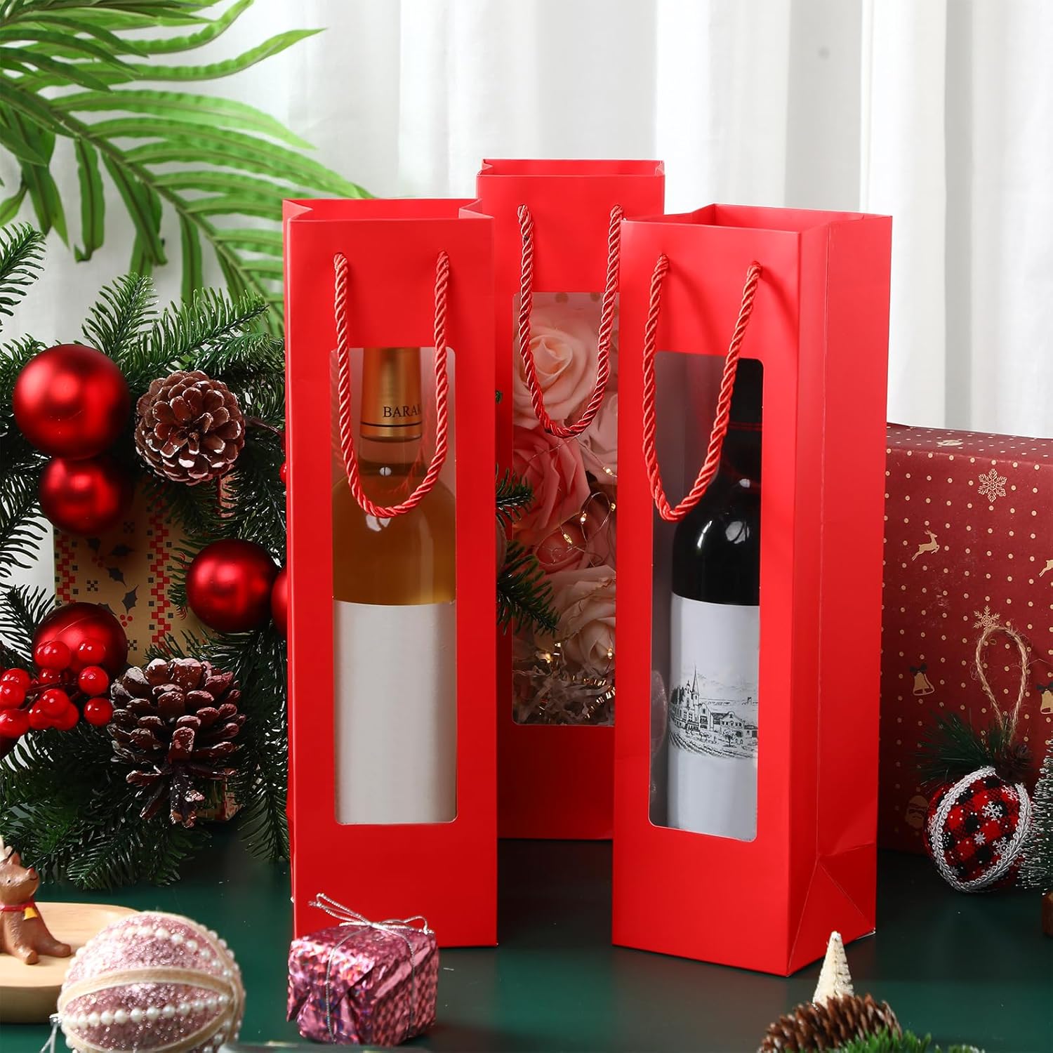 Paquete de 100 bolsas de vino tinto para botellas de vino, bolsas de regalo de vino a granel con asas de ventana de 3.5 x 3.7 x 13.6 pulgadas,