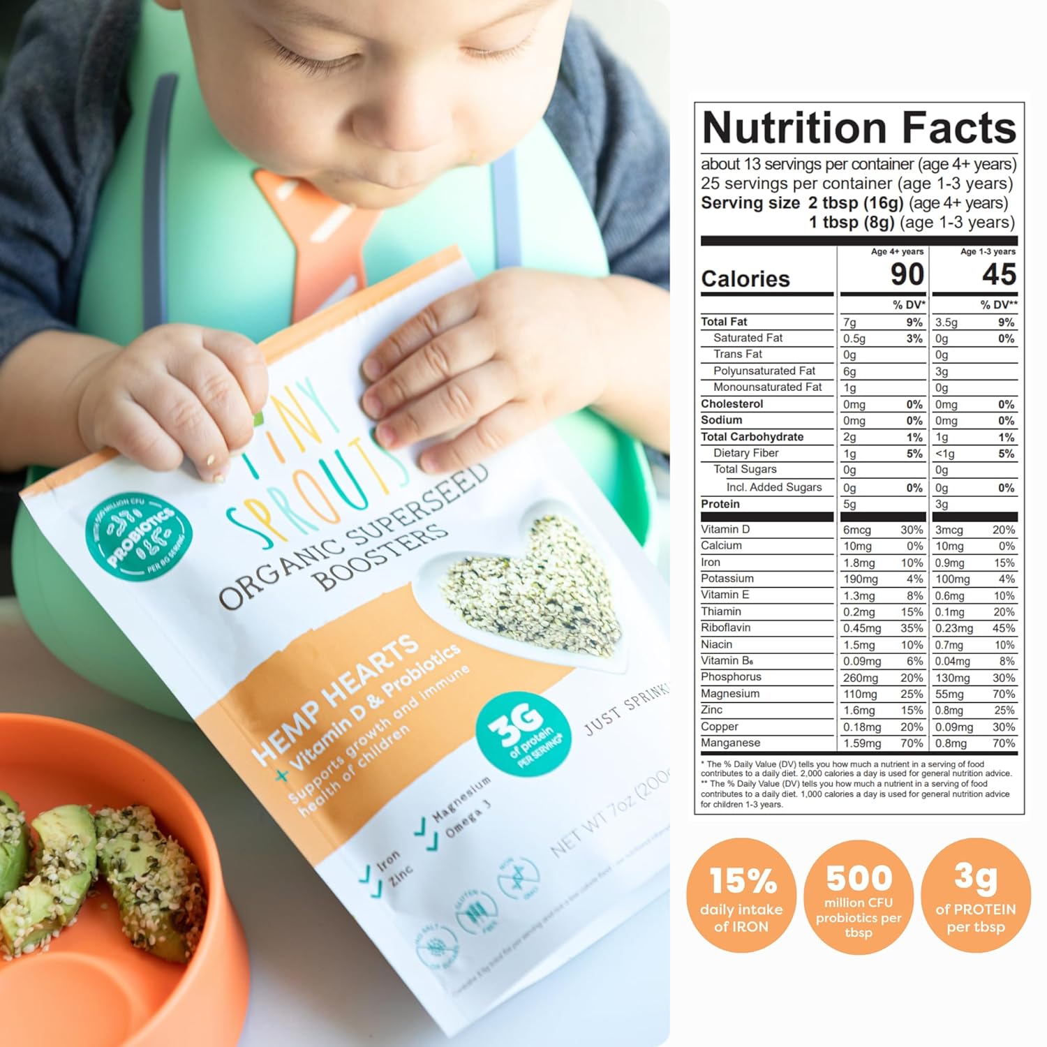 Tiny Sprouts Corazones de cáñamo orgánico regenerativo + probiótico de porción completa + vitamina D3 I potenciador de semillas de cáñamo para bebés