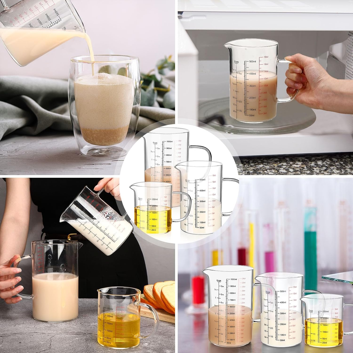 Lallisa Paquete de 3 tazas medidoras de vidrio con asa y boquilla en forma de V, vaso de vidrio de borosilicato alto con 3 escalas (Oz, taza, Ml)