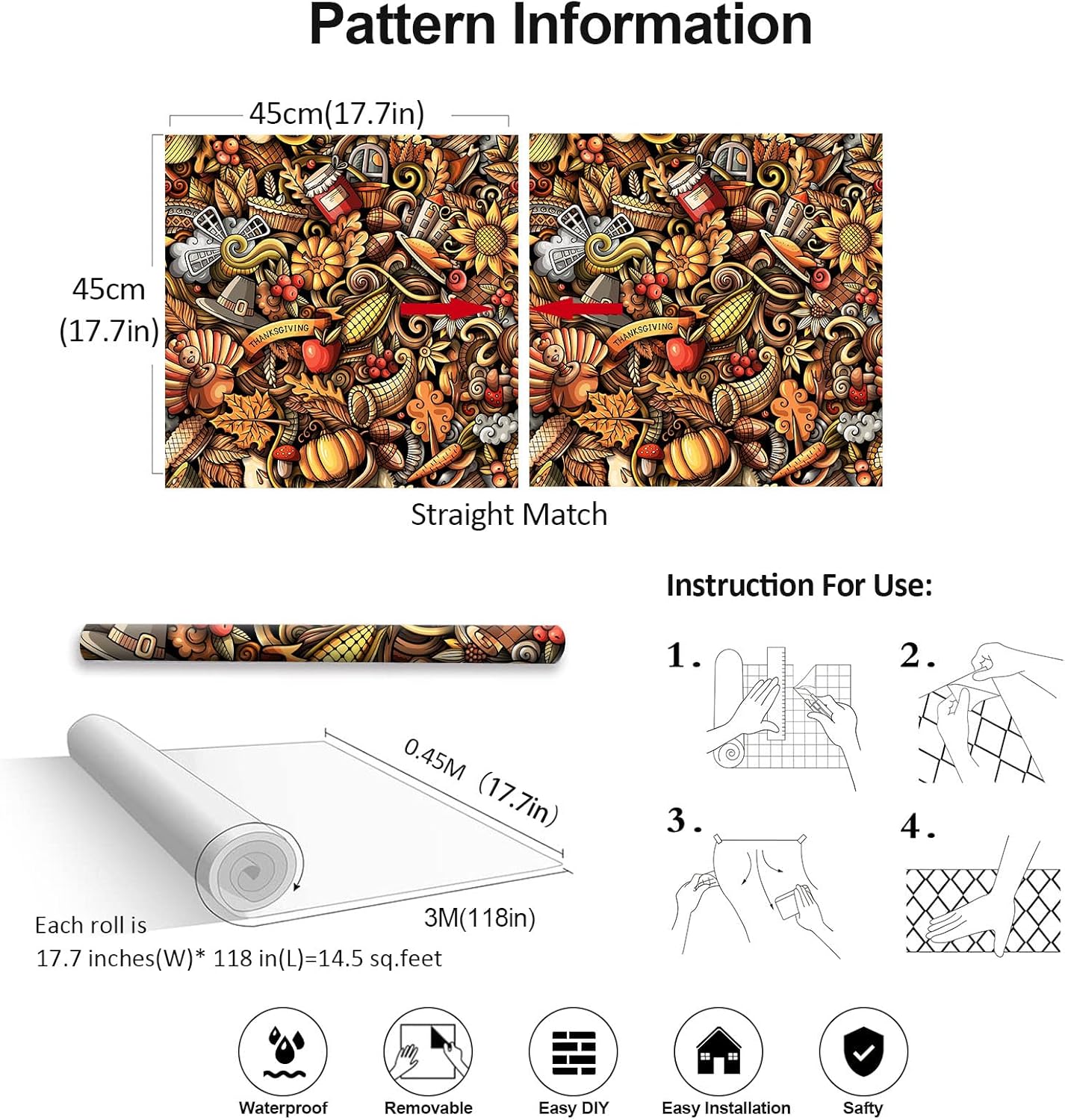 SinFung Home Papel tapiz para despegar y pegar, estilo bohemio, marrón, Día de Acción de Gracias, retro, decoración de pared para baño, mural