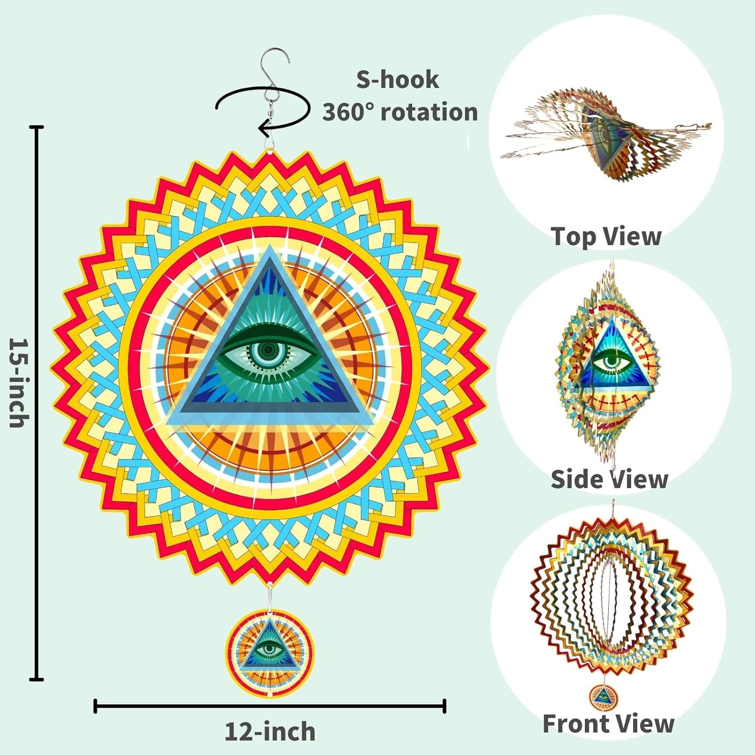 AlanBodo – Molinillo de viento cinético y escultura de ojo que todo lo ve, colgantes de metal de 12 pulgadas para decoración de patio y jardín,