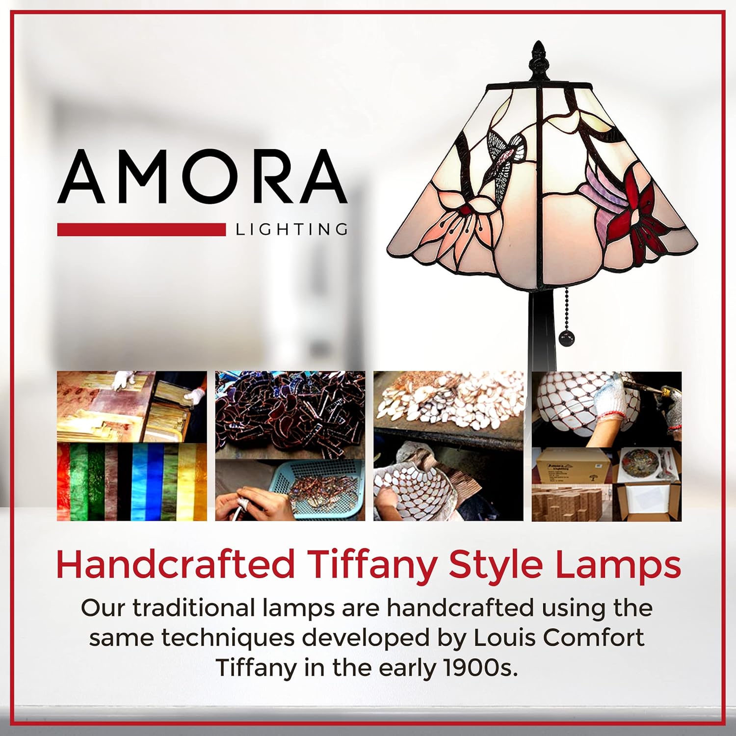 Amora Lámpara de mesa Tiffany vintage, lámpara de mesita de noche de vidrio floral manchado, luz de noche de mesa, lámparas de vidrio blanco