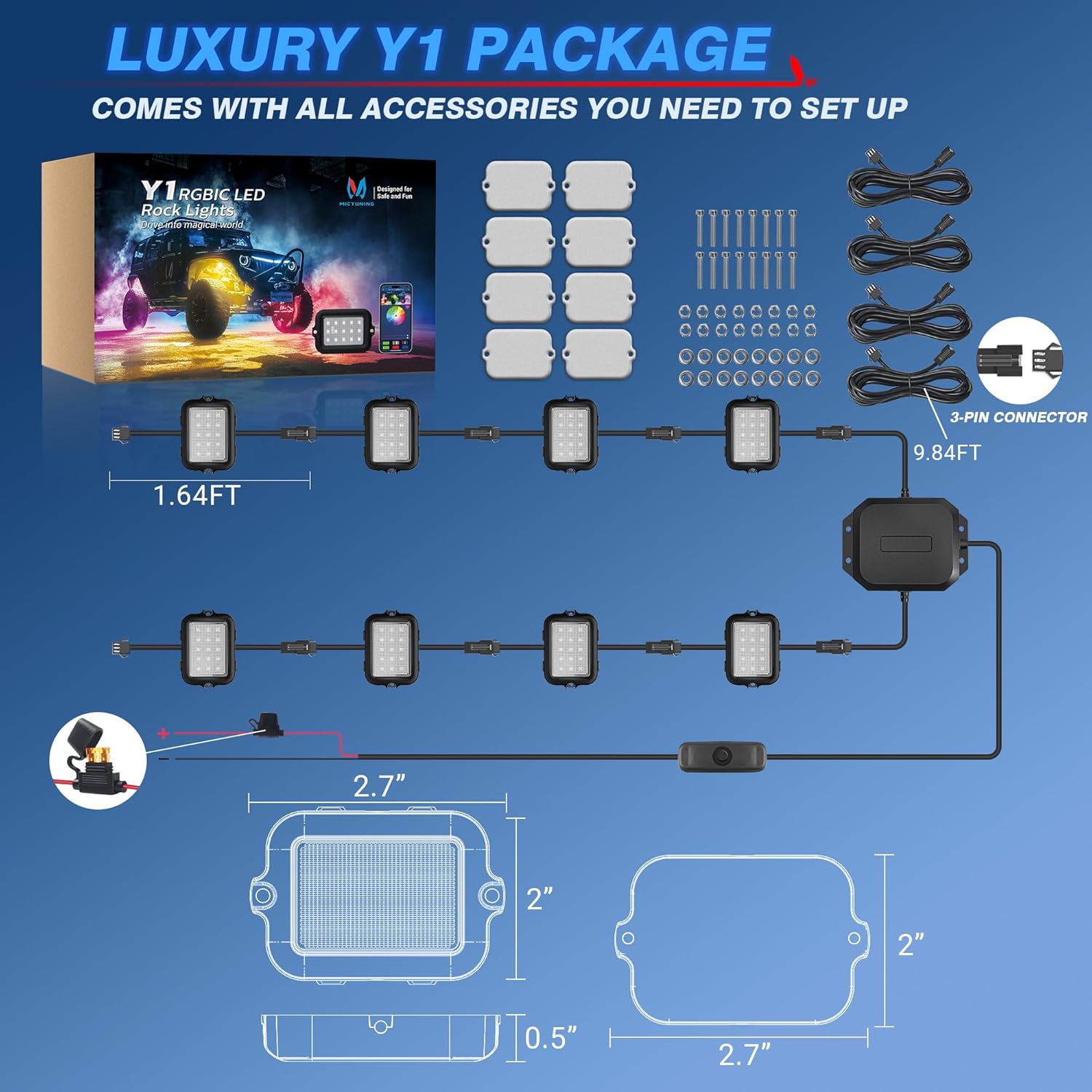MICTUNING Y1 RGB+IC Dream Color – Kit de luces LED de roca  8 cápsulas de luces subterráneas para camiones con efecto de persecución, kits de luz de