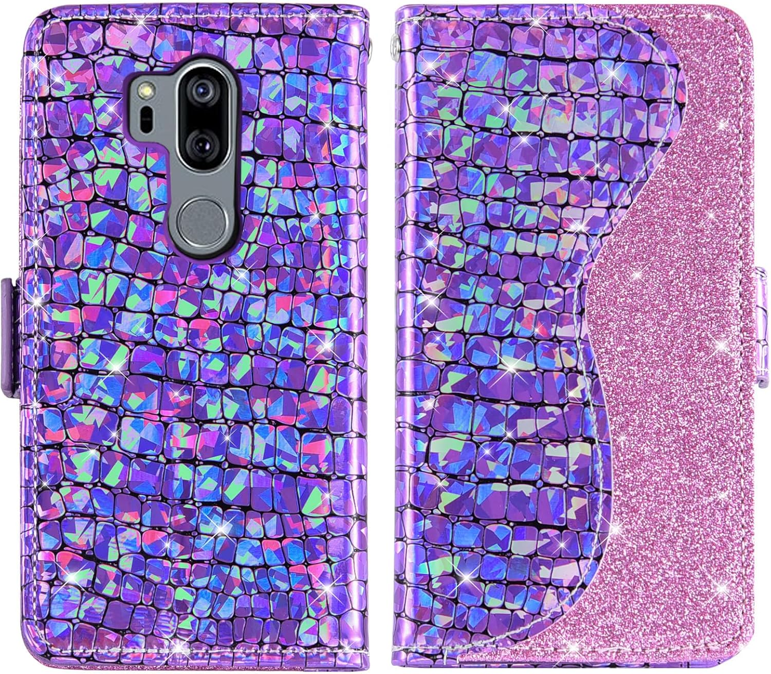 Asuwish Funda de teléfono para LG G7 ThinQ Funda tipo cartera con protector de pantalla y tarjetero abatible Bling Glitter Cell LGG7 One G 7 Plus