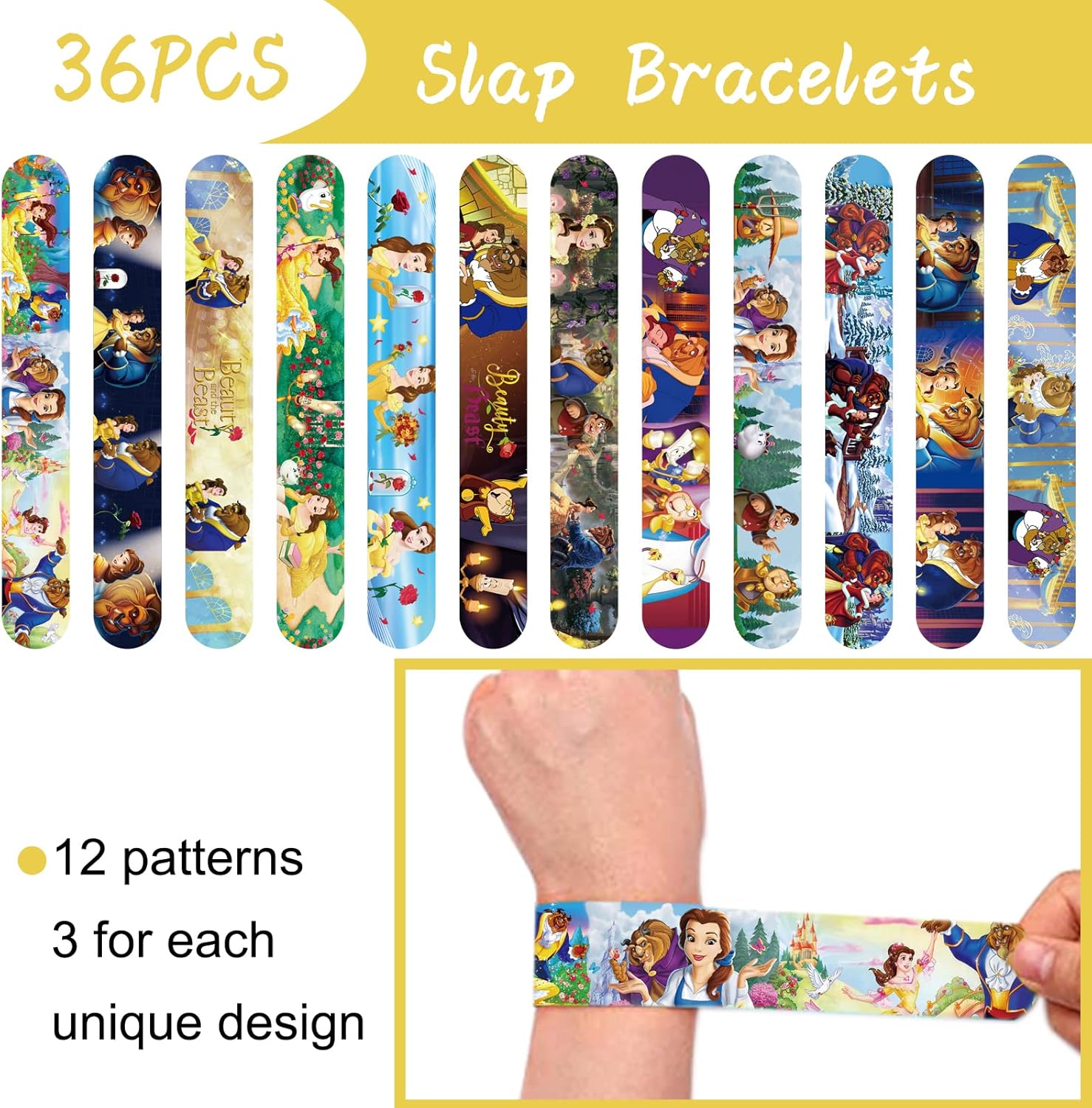 Juego de 86 pulseras de la Bella y la Bestia, incluye 36 pulseras y 50 calcomanías de La Bella y la Bestia, recuerdos de fiesta de cumpleaños con