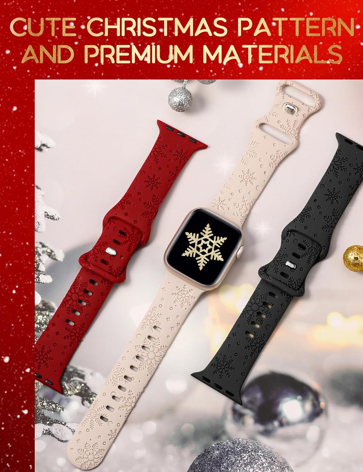 Wearlizer Paquete de 3 bandas grabadas con copos de nieve compatibles con Apple Watch Band de 41401.496 in 4544421.929 in para mujer, correa