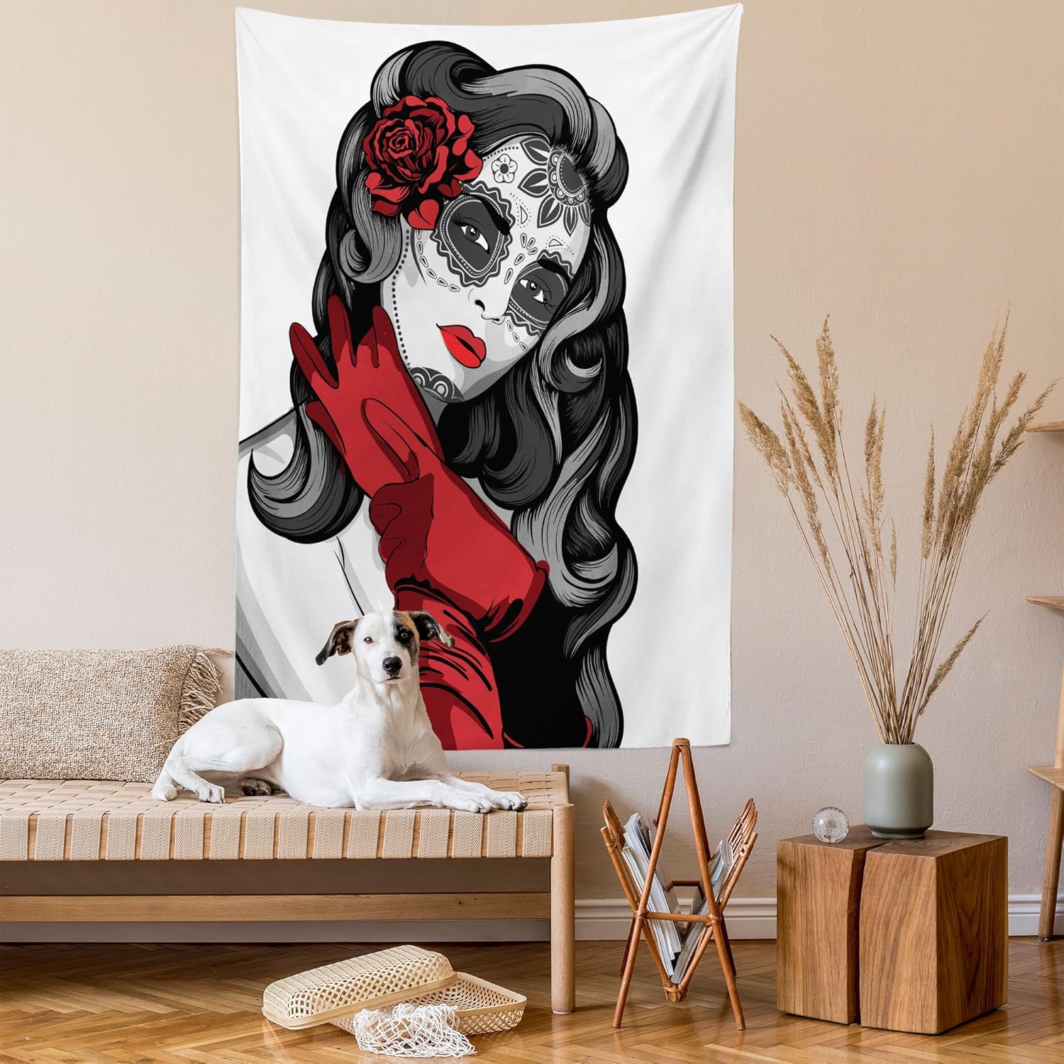 Ambesonne Tapiz de calavera, estilo mexicano con forma de azúcar, floral, malvado, gótico, arte muerto, latín, para colgar en la pared para