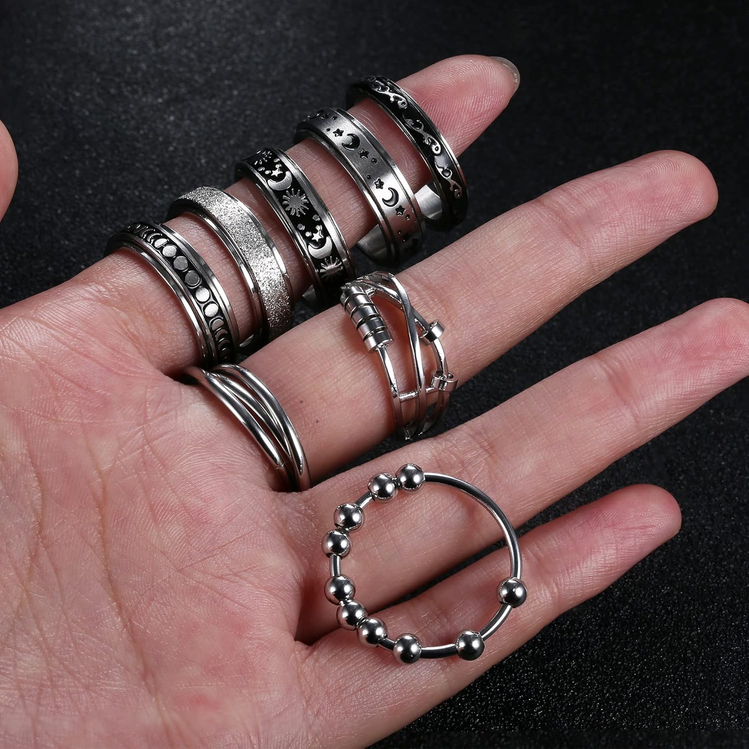 SAILIMUE 4689 piezas de anillos de ansiedad para mujeres y hombres, anillo giratorio de acero inoxidable para la ansiedad, cuentas de flores, sol,