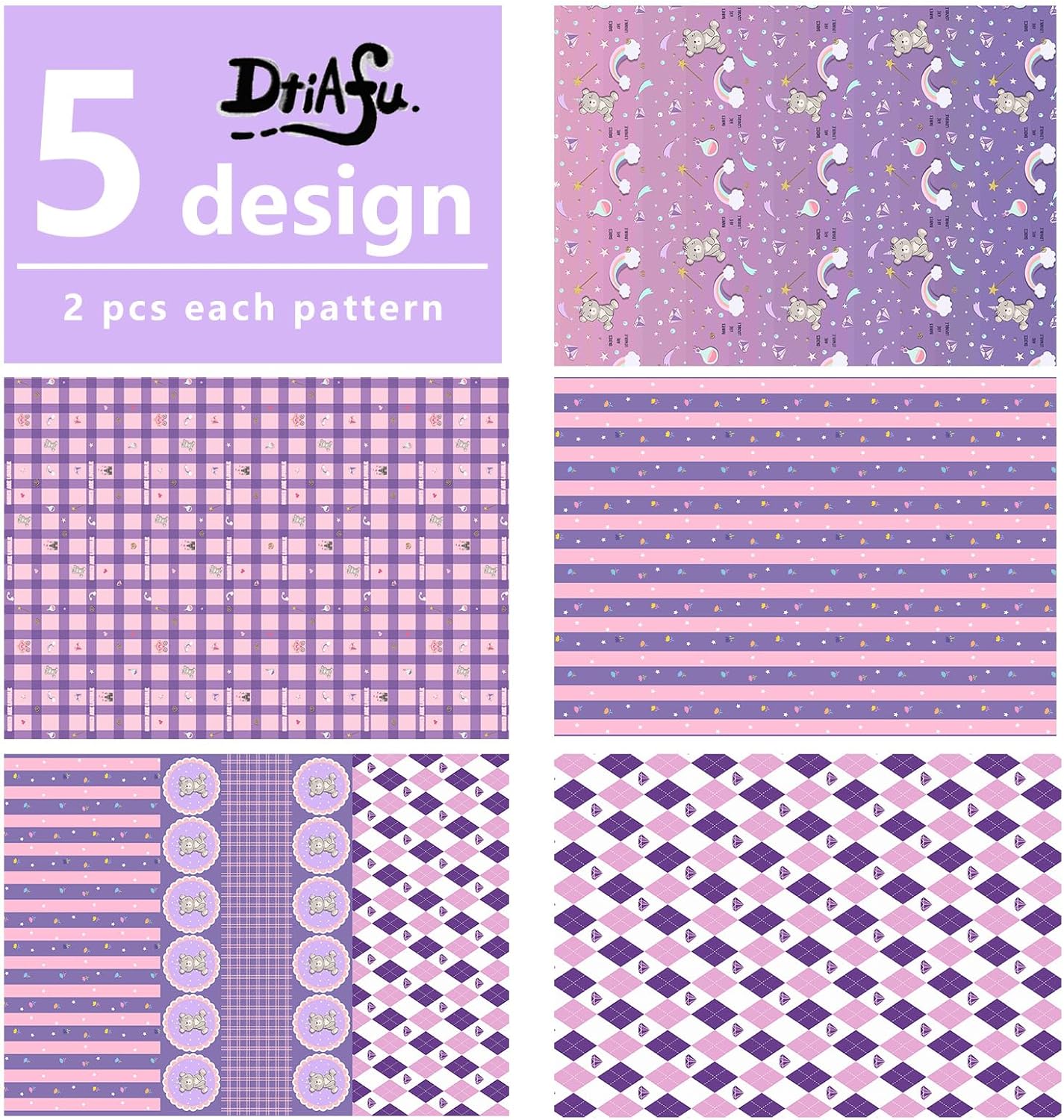 Dtiafu Papel de regalo para bebé, 10 hojas de papel de regalo morado y rosa para baby shower, cumpleaños, baby shower, oso, diamante, arco