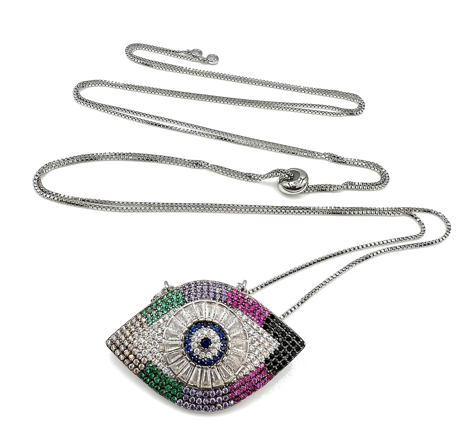 SIFRIMANIA Lucky Charm Necklace Evil Eye Pendant Adjustable Length and Vibrant Cubic Zirconia Stones for Good Luck (Silver)