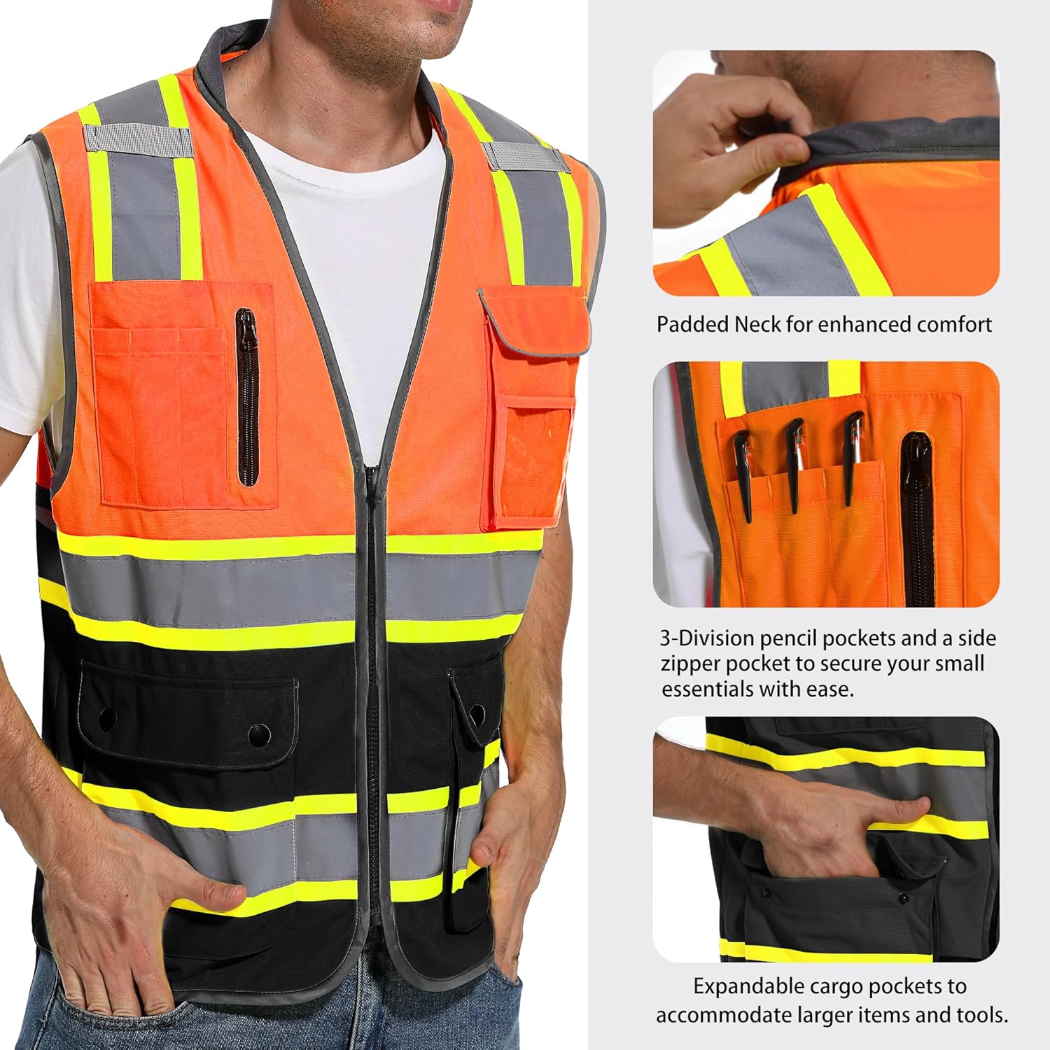 ArcRidge Chaleco de seguridad reflectante para hombres y mujeres, chaleco de construcción de alta visibilidad clase 2, tiras reflectantes de doble