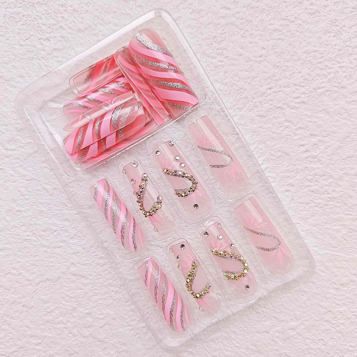 Uñas postizas extralargas cuadradas con forma de tubo, uñas acrílicas rosas con purpurina y líneas blancas y diamantes de imitación, diseños de