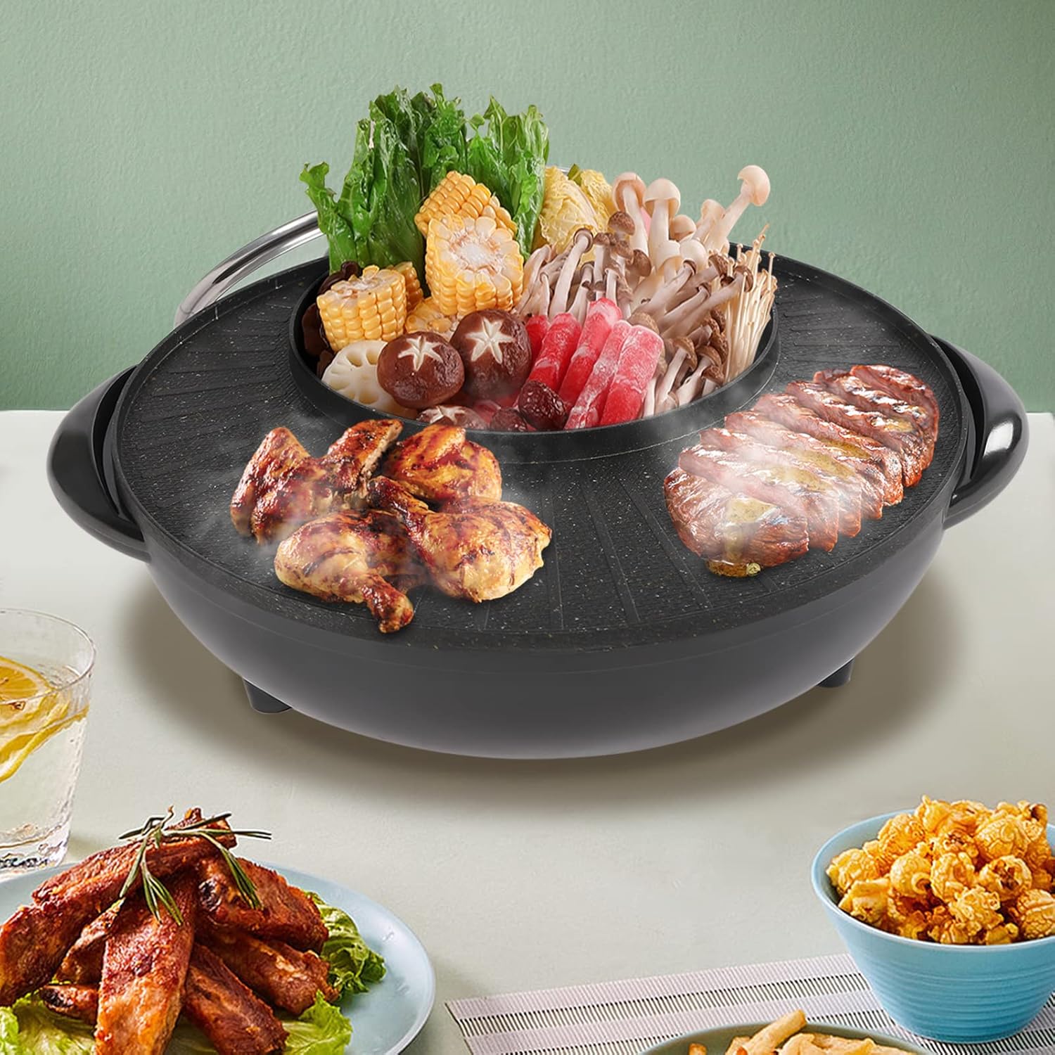 Olla caliente con parrilla 2 en 1, parrilla portátil multifuncional sin humo, combo de parrilla eléctrica para interiores, capacidad para 3-5