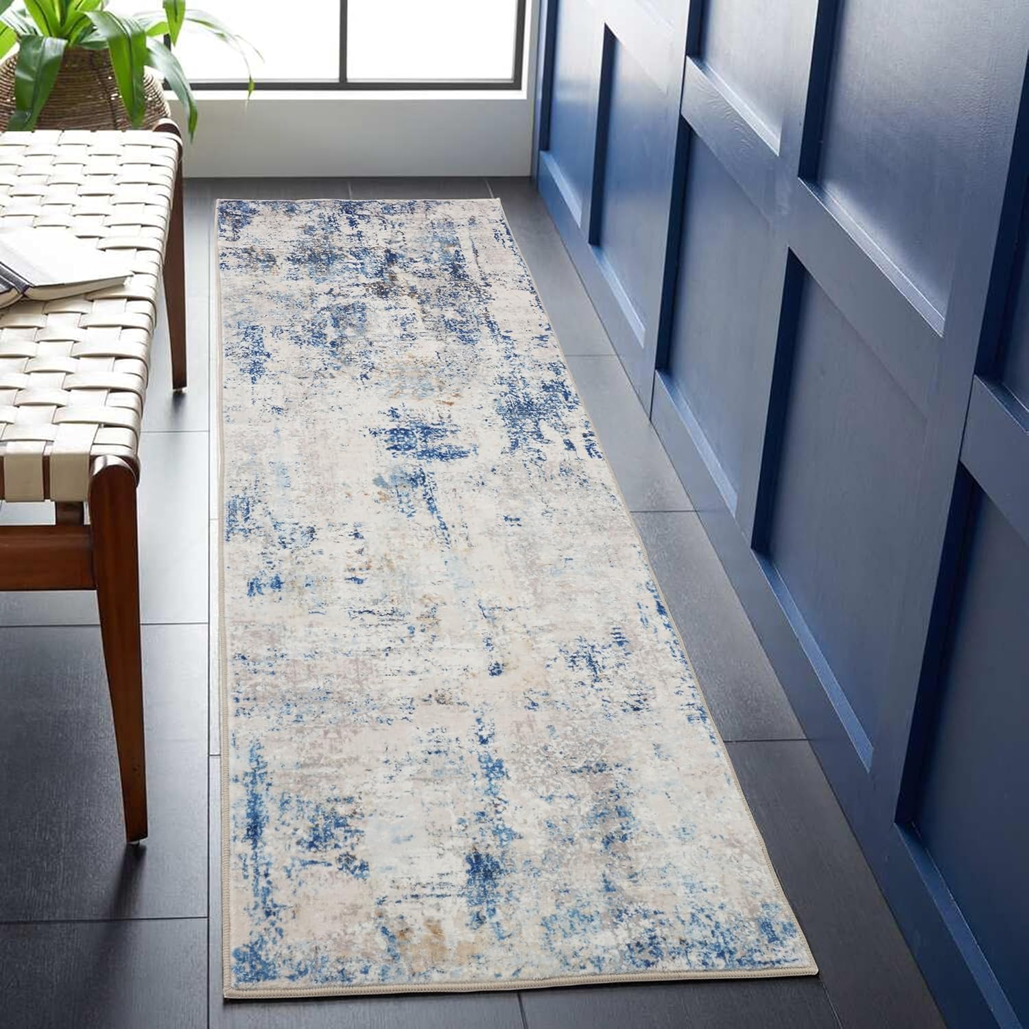 Alfombra de pasillo de 2 x 6 pies, antideslizante, lavable a máquina, alfombra tradicional para pasillo, cocina, dormitorio, sala de estar (azul